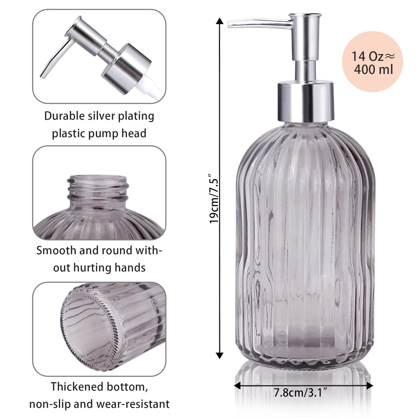 RUITENG 3 Pack Soap Dispenser Set, 14 Oz Clear Glass Soap Dispenser with Rust Proof Plastic Pump, Refillable Liquid Hand Soap Dispenser, Bathroom Soap Dispenser for Kitchen Countertop (3 Colors)