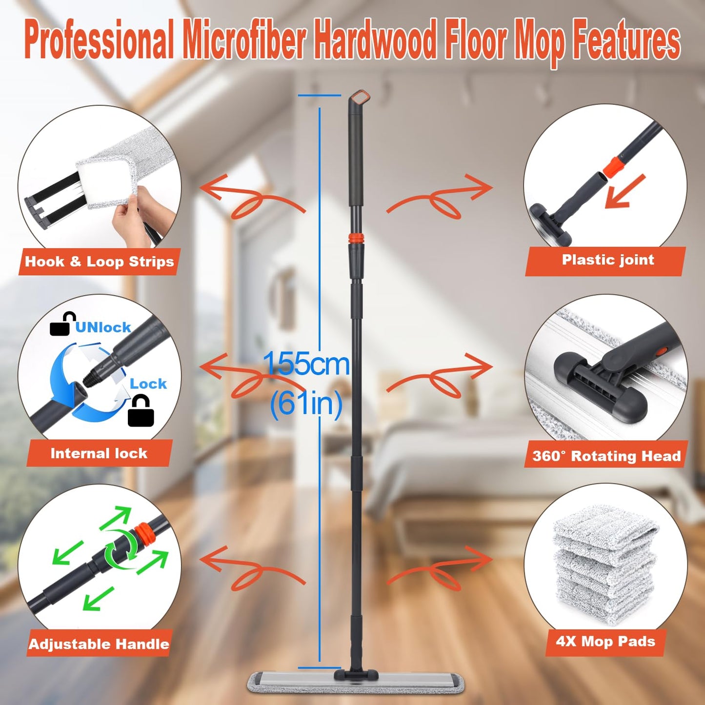 18" Microfiber Heavy Duty Floor Mop Adjustable Stainless Steel Handle with 4 Wet and Dry Mop Pads