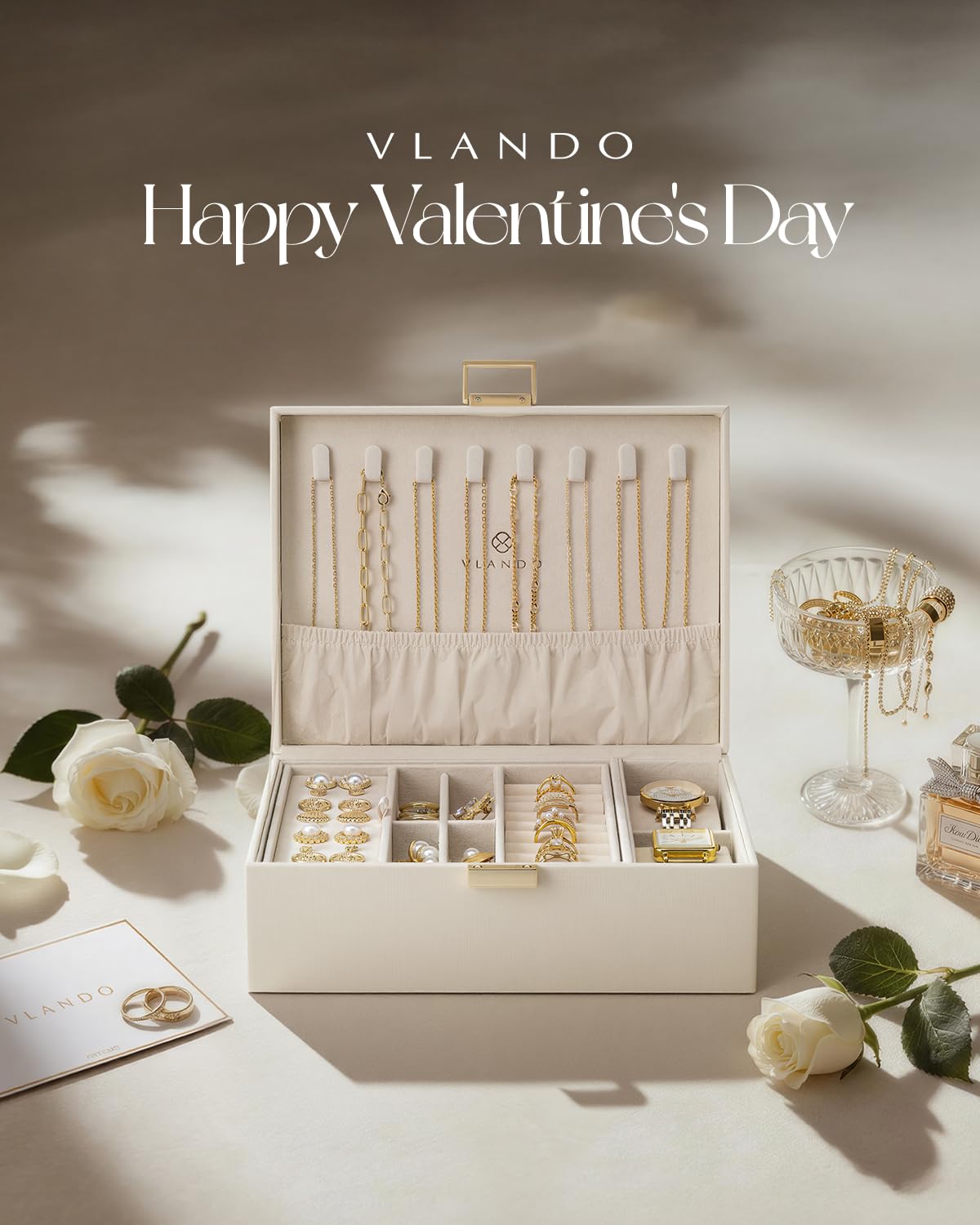 Vlando 2 Layer Jewelry Box Large Jewelry Organizer for Women Removable Jewelery Tray with Watch Pillow for Necklace Earrings Rings Bracelets Jewelry Boxes for Mother‘s Day Gifts (White)