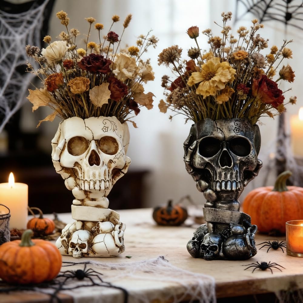 Skull Planter Gothic Home Decor, Cool Planters for Halloween Decorations Indoor/Outdoor Plants, Flower Pots, Plant Pots, Flower Pot, Plant Pot, Unique Statue Vase with Drainage(Tall Black Vases)