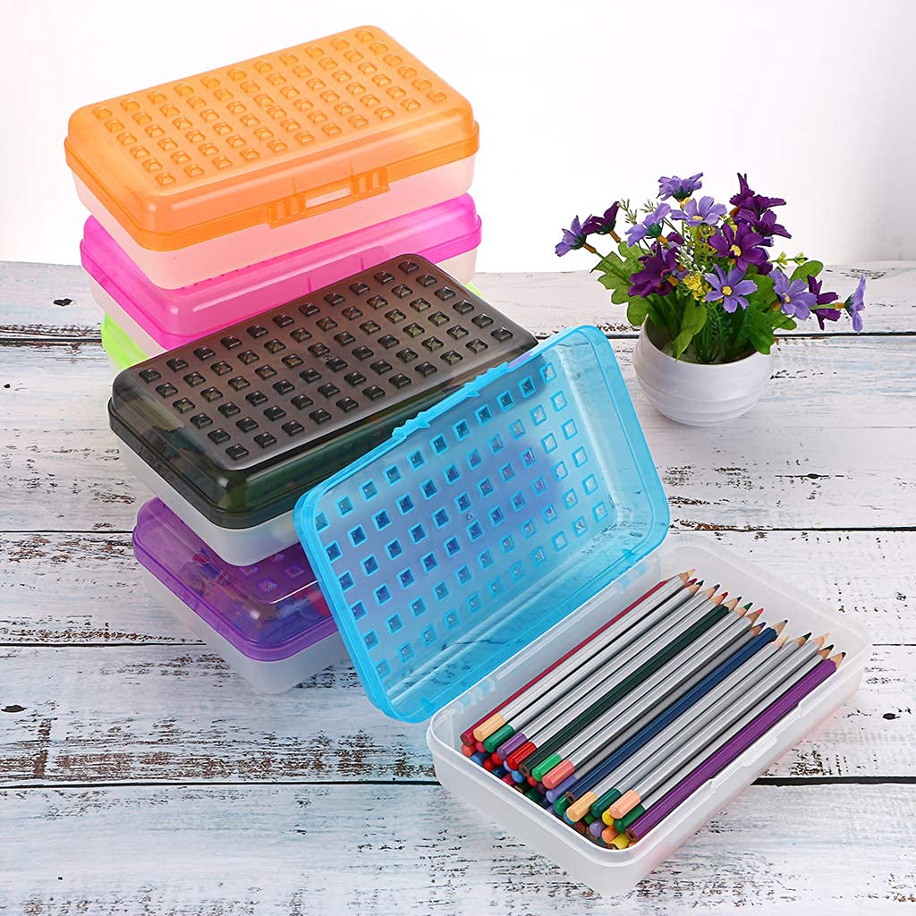 BTSKY Pack of 6 Multipurpose Utility Storage Box with Lid Snap Closure - Large Capacity Pencil Box for School Supplies, Plastic Pencil Case Organizer Box For DIY Beads Supplies