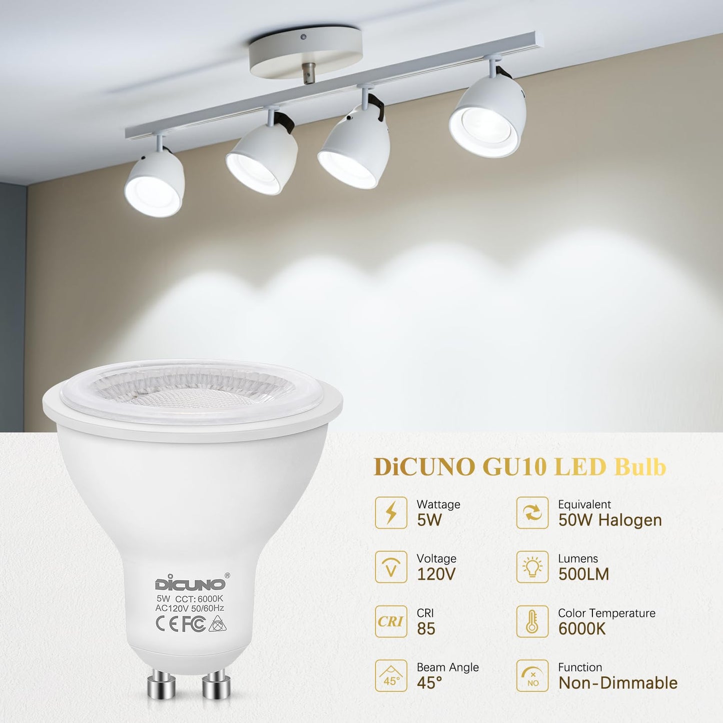 DiCUNO GU10 LED Bulbs, 6000K Daylight White, 5W (50W Equivalent) 500lm, Non-Dimmable MR16 Spotlight Bulbs, GU10 Base for Track & Recessed Lighting, 10-Pack