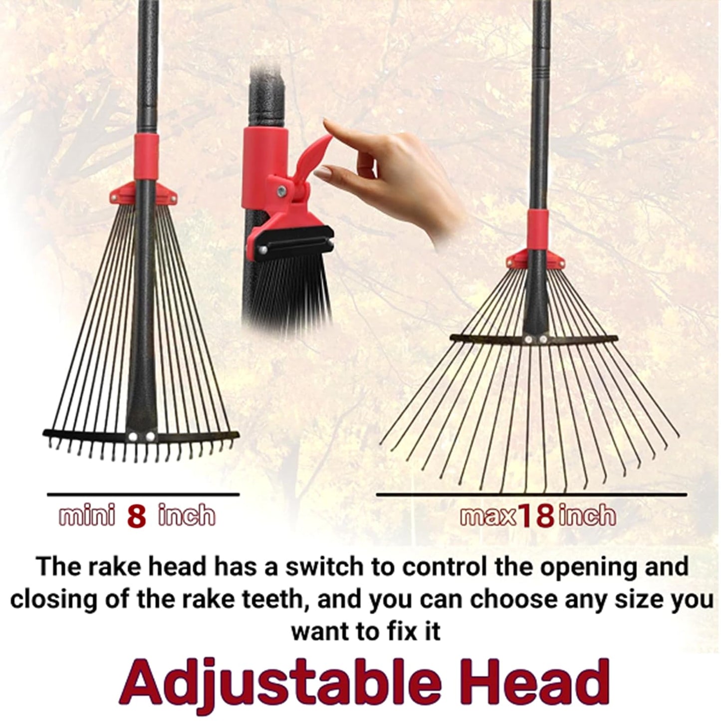 76 Inch Rake for Leaves, Adjustable 18 Metal Tines with Expandable Head Garden Rakes for Lawns Heavy Duty Metal Rake for Leaves Yard Gardening Grass Outdoor Debris