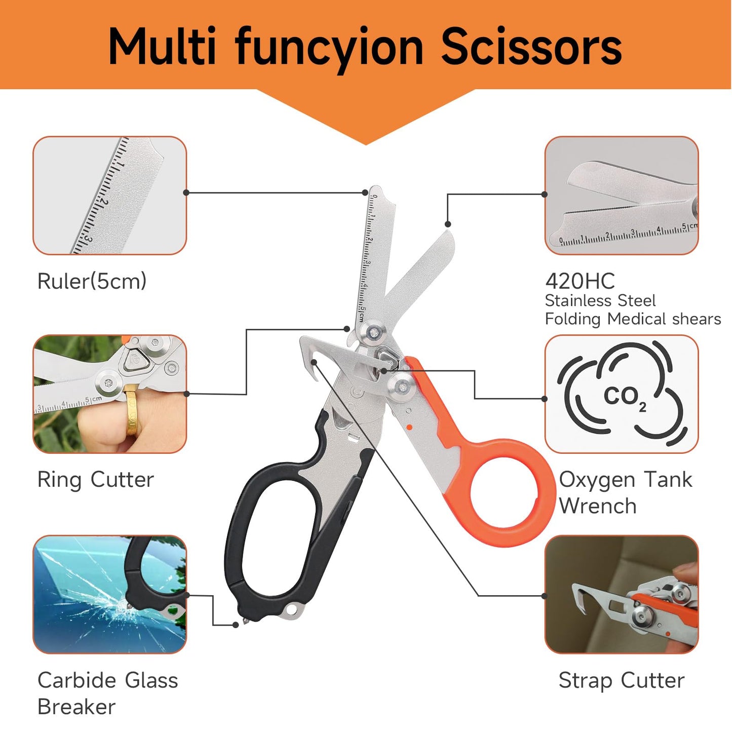 TOWOT Trauma Shears - 6 in 1 Emergency Response Shears with Strap Cutter and Glass Breaker, Stainless Steel Foldable Scissors Pliers