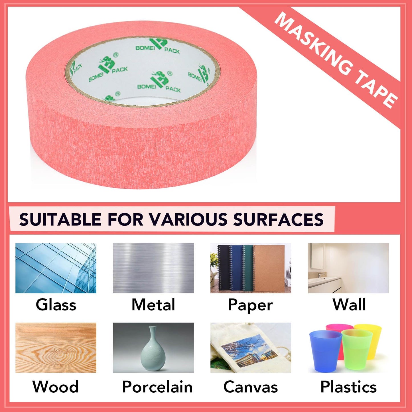 BOMEI PACK 5Rolls Pink Masking Tape 36mm x 55yds, General Purpose Thin Pink Painters Tape for Painting, Labeling, DIY Crafting, Decoration and School Projects, Total 275yds