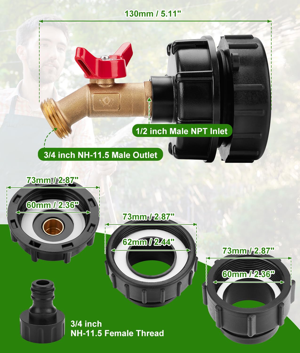 WADEO IBC Tote Adapter, IBC Tote Fittings 1/2" Male NPT Inlet 3/4" GHT Male Garden Hose Quick Connector Outlet Brass Ball Valve Faucet with 60 62mm Female Fine Thread with for Garden Hose Connector