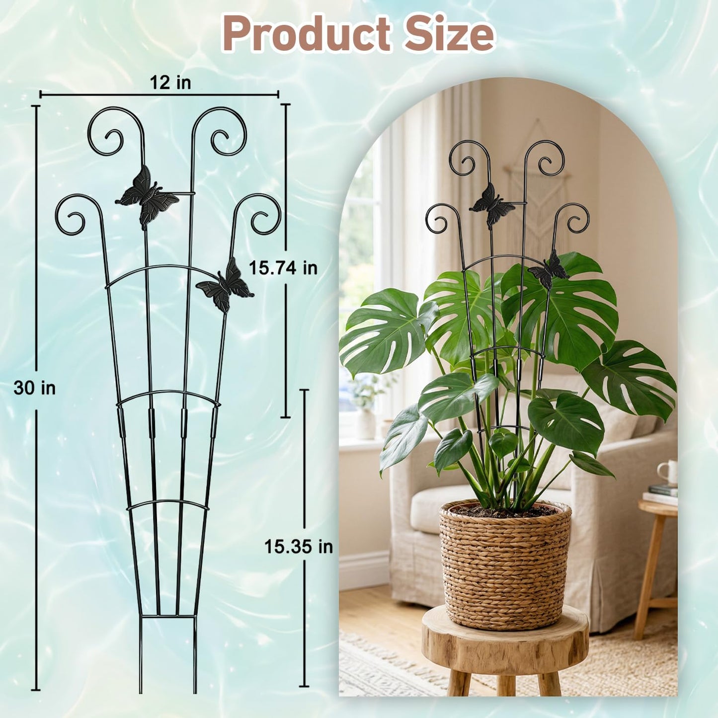 COVERTIFY Stackable Monstera Plant Support with Crafted Butterflies - 16"/32" Garden Plant Trellis for Climbing Plants Indoor Outdoor, Rustproof Metal Stakes for Pothos Monstera, Set of 2P