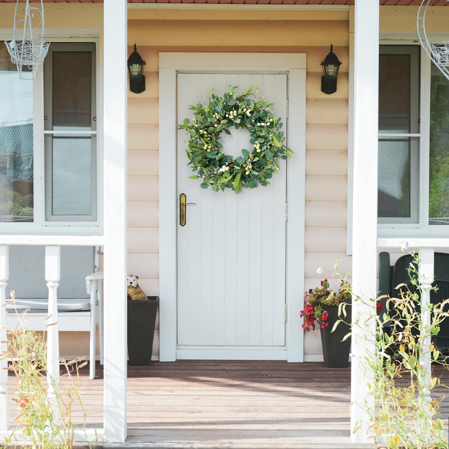 Weldomcor Green Eucalyptus Wreath for Front Door, 20 Inch Artificial Eucalyptus Leaves Wreath with Berries, Spring Summer Greenery Wreath for Indoor Outdoor Wall Window Festival Farmhouse Garden