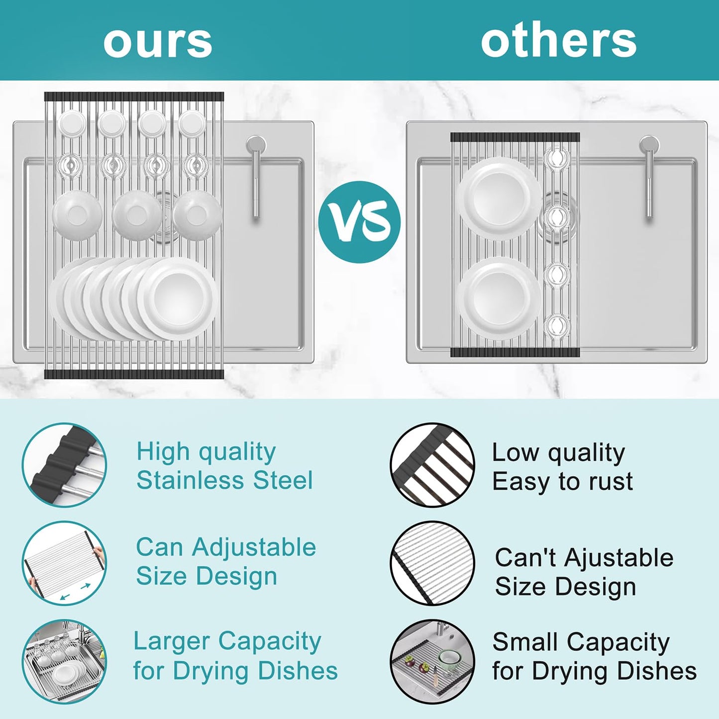 BBXTYLY Extra Large Expandable Roll Up Dish Drying Rack,Over The Sink Drying Rack Sink Cover Kitchen Sink Accessories Kitchen Rolling up Stainless Steel Drainer, Foldable,Rollable(Black,22.8''-12.4'')