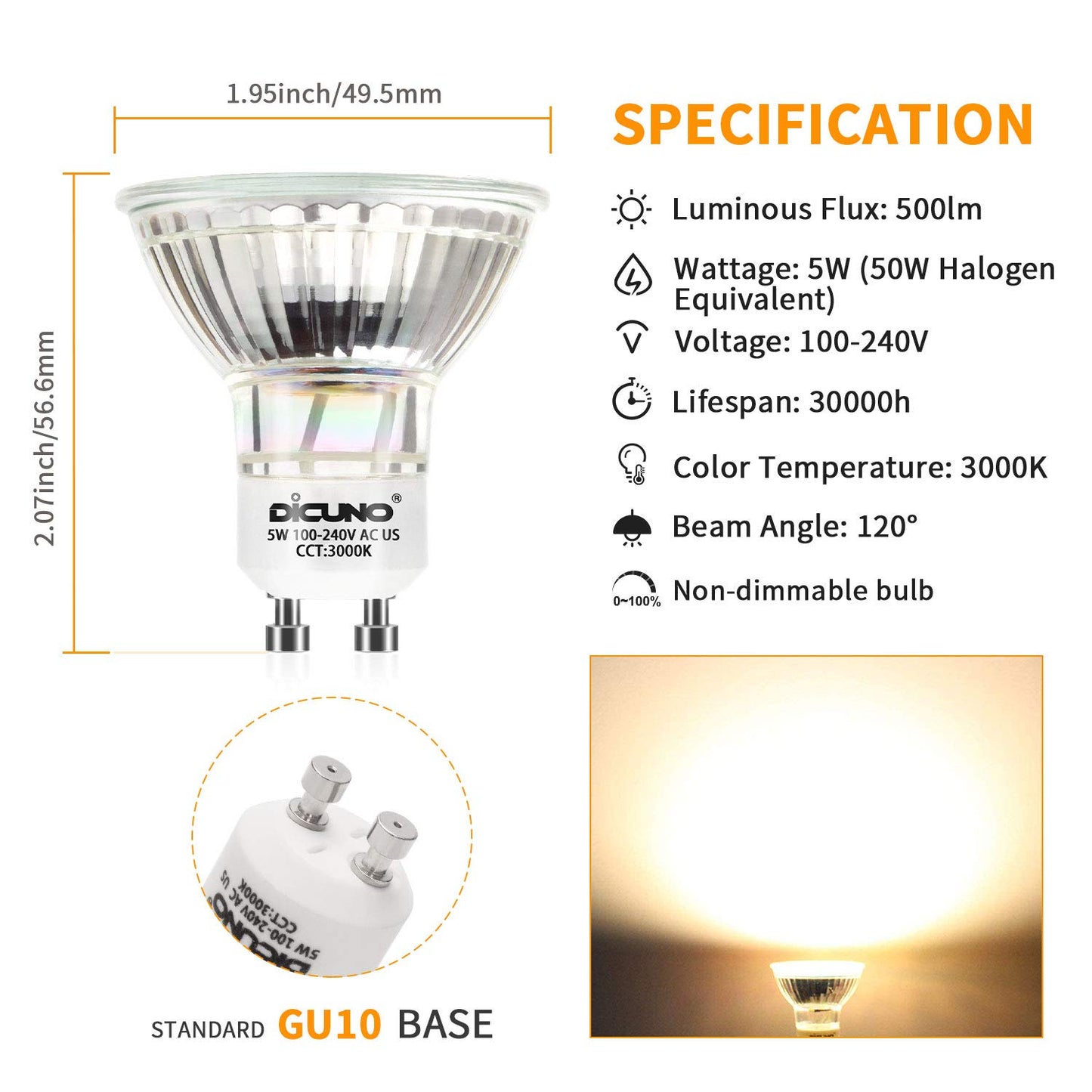 DiCUNO GU10 LED Bulb, 50W Halogen Equivalent, 3000K Warm White, 5W 500lm, 120 Degree Beam Angle, MR16 Shape Spotlight Bulbs, 110V 120V 220V Track Lighting, Non-Dimmable, 6-Pack