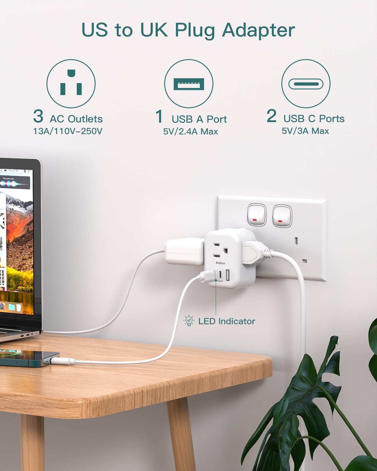 2-Pack US/CA to UK Ireland Travel Plug Adapter, Addtam Type G Power Outlet Adapter with 3 AC Outlets 3 USB(2 USB C), Travel Essentials for USA to Dubai Scotland British London England Hong Kong Irish