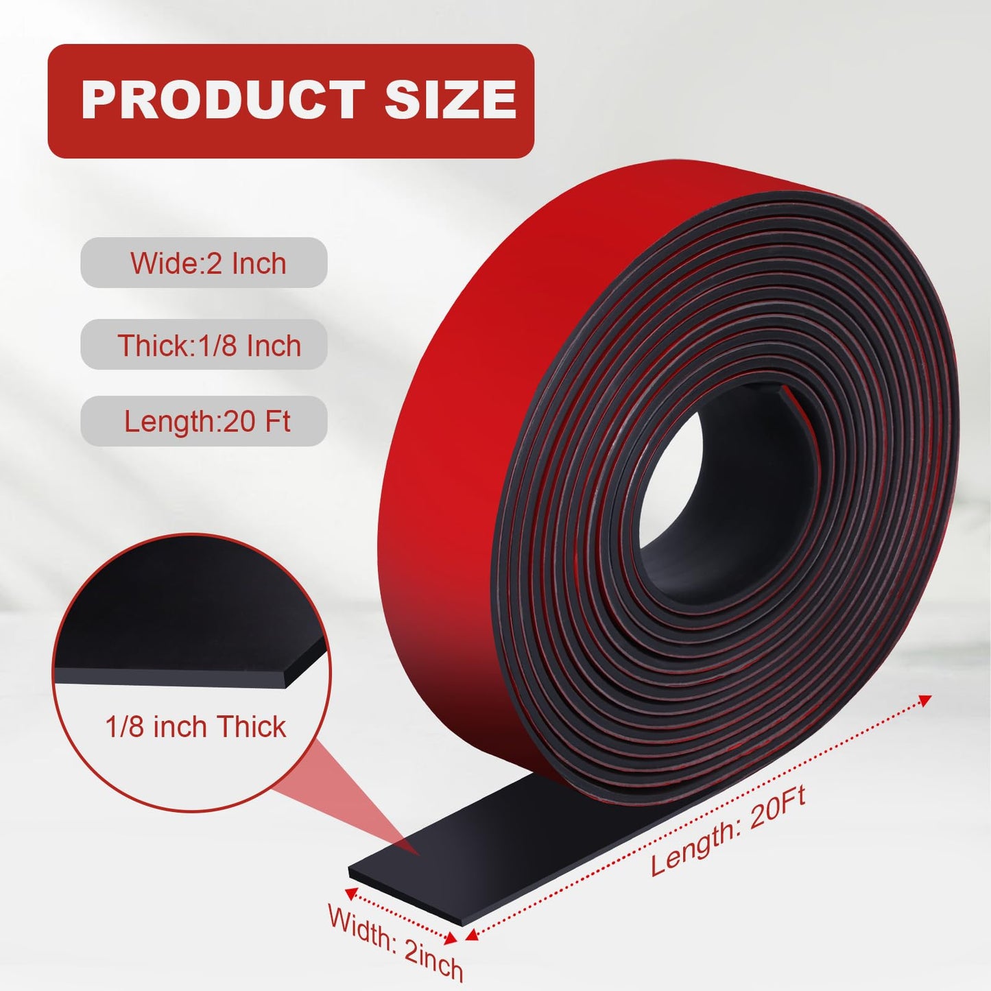 VUAOHIY Neoprene Rubber Strips Self Adhesive Solid Rubber Seal Strips for DIY Gasket Materials, Oil-Resistance, Sound Reduce and Anti-Slip for Flooring, Pads (2 In x 1/8 In x 20 Ft)