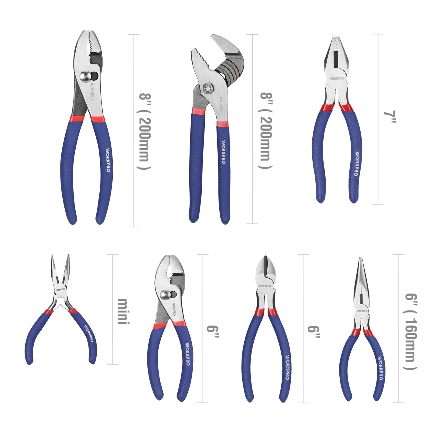 7-Piece WORKPRO Pliers Set with Groove Joint, Long Nose, Slip Joint, Linesman, and Diagonal Pliers for DIY & Home Use