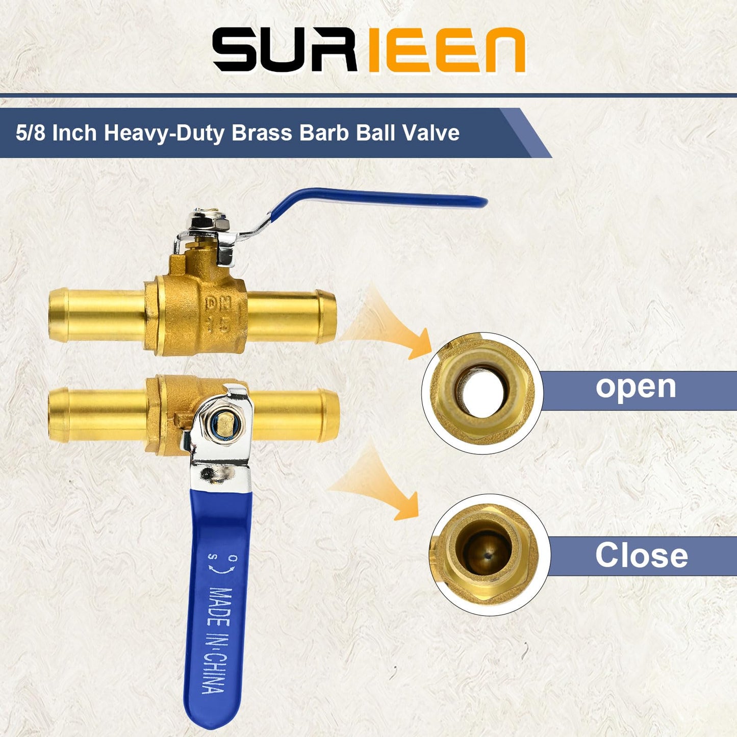 SURIEEN Brass Hose Barb Ball Valve Kit, 2pcs 5/8" Heater Hose Shut Off Valve with Stainless Steel Clamps, Brass Barb Air Ball Valve for Water Oil Gas Fuel Shut Cut Off 16mm Pex Tubing