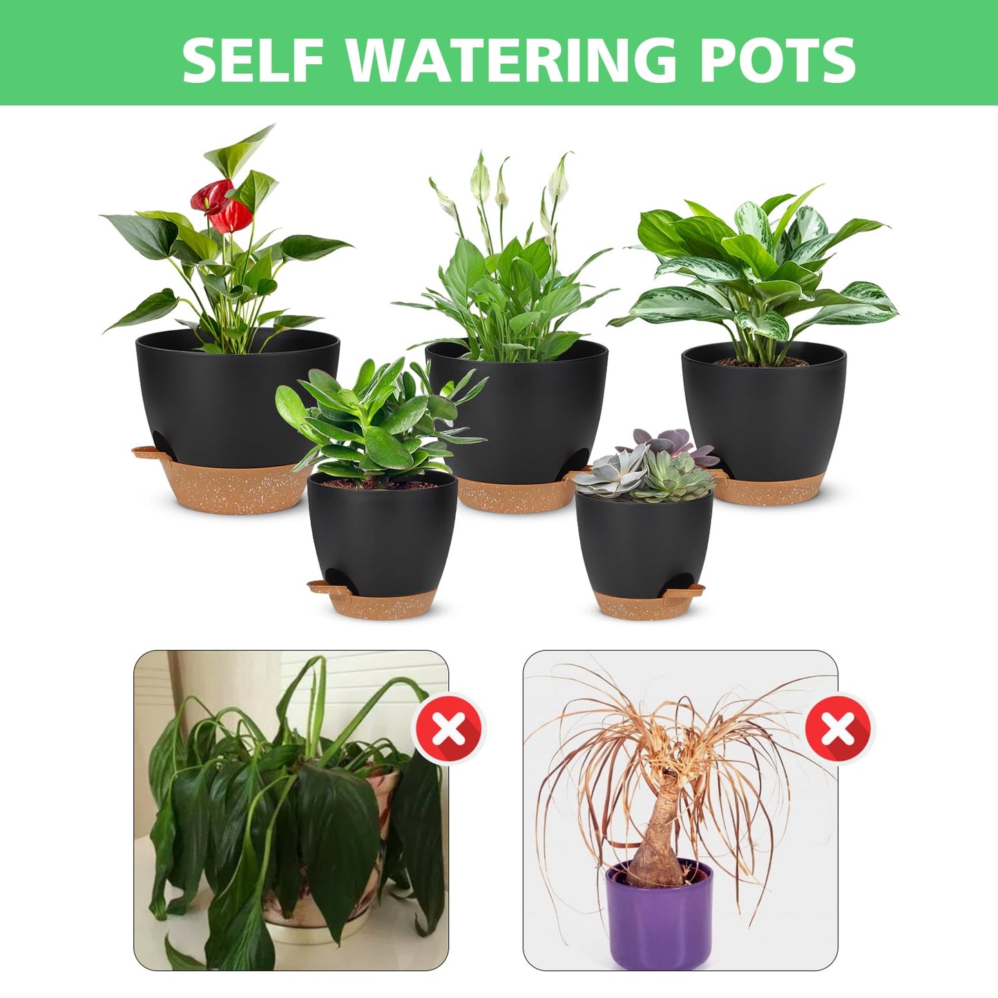 Self Watering Planter Set, 5Pack Small Plastic Plant Pots with Drainage Holes and Saucers, Modern 7+6.5+6+5.5+5 INCH Flower Pots Set for Indoor Outdoor Plants - Black