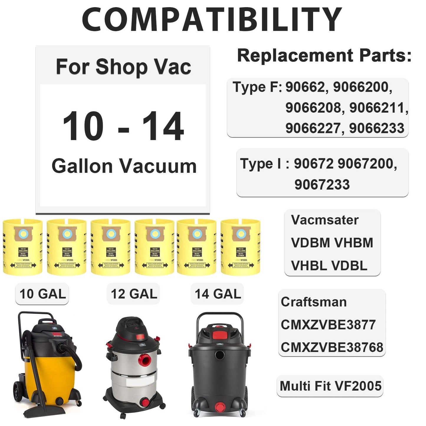 6 Pack Shop Vac Bags 10-14 Gallon, Vacuum Bags Compatible with Shop vac Type I 90672 9067200, Type F 90662 9066200 9066233, Double Layer Disposable Dust Collection Bags Wet/Dry Vacuums