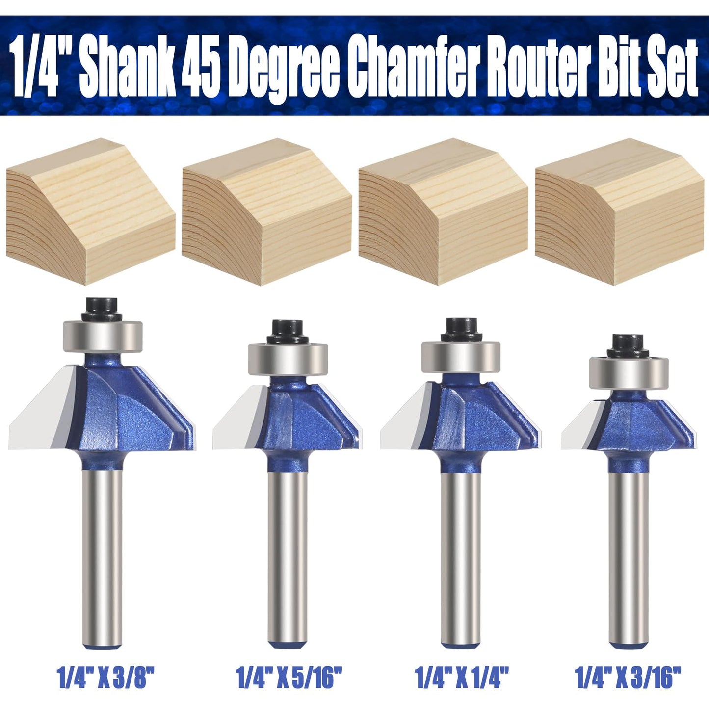 Vearter 4PCS 45 Degree Chamfer Router Bit Set, 1/4'' Shank Carbide Edge Bevel Forming Milling Cutter, DIYer Tool for Woodworking, Wood Profiling, Edging (1/2", 3/8", 5/16", 1/4" Bevel Length)