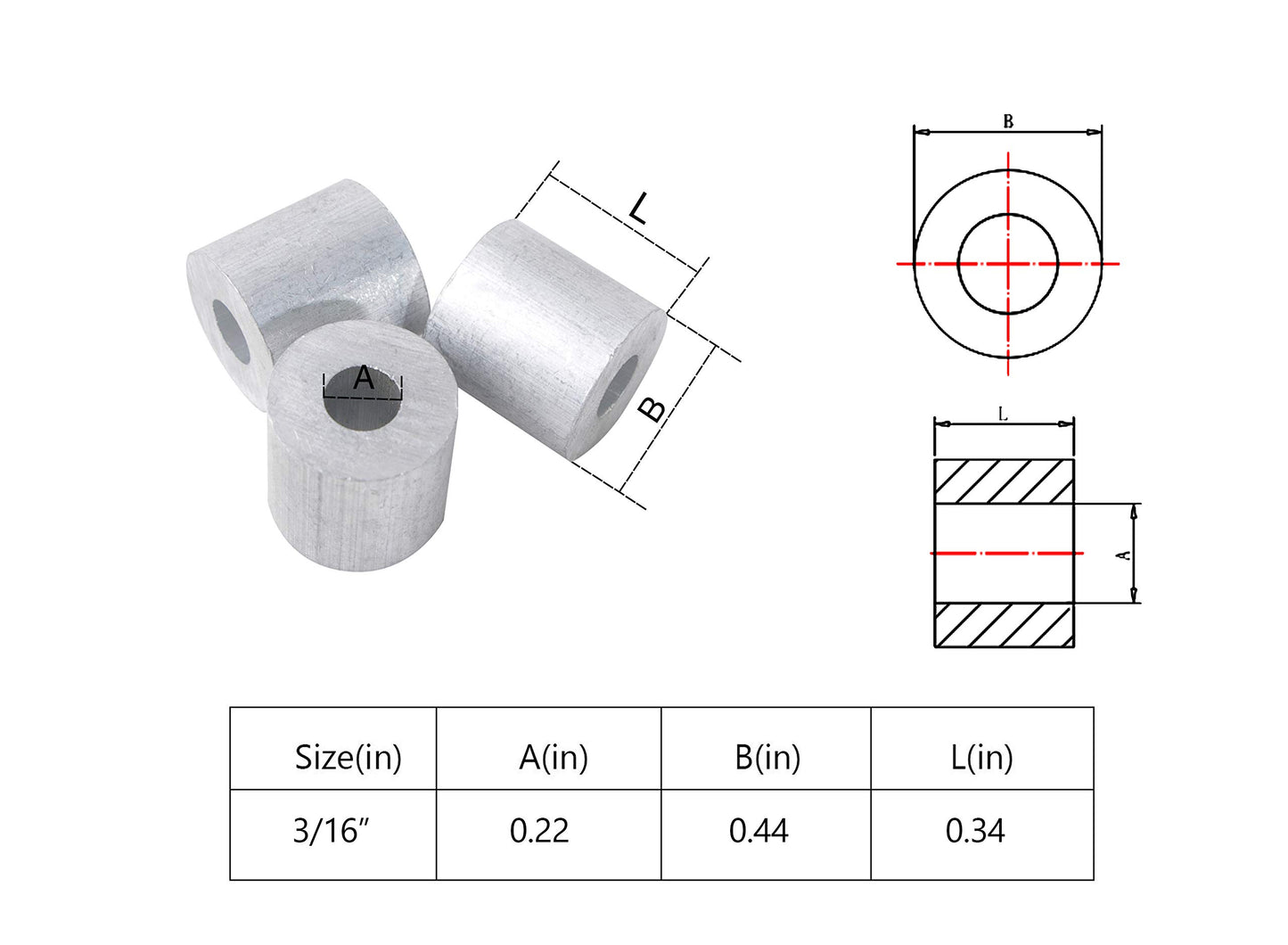HIGOOD Wire Rope Stop Sleeve, for Wire Rope Dia. 3/16", Aluminum Alloy, PK 50