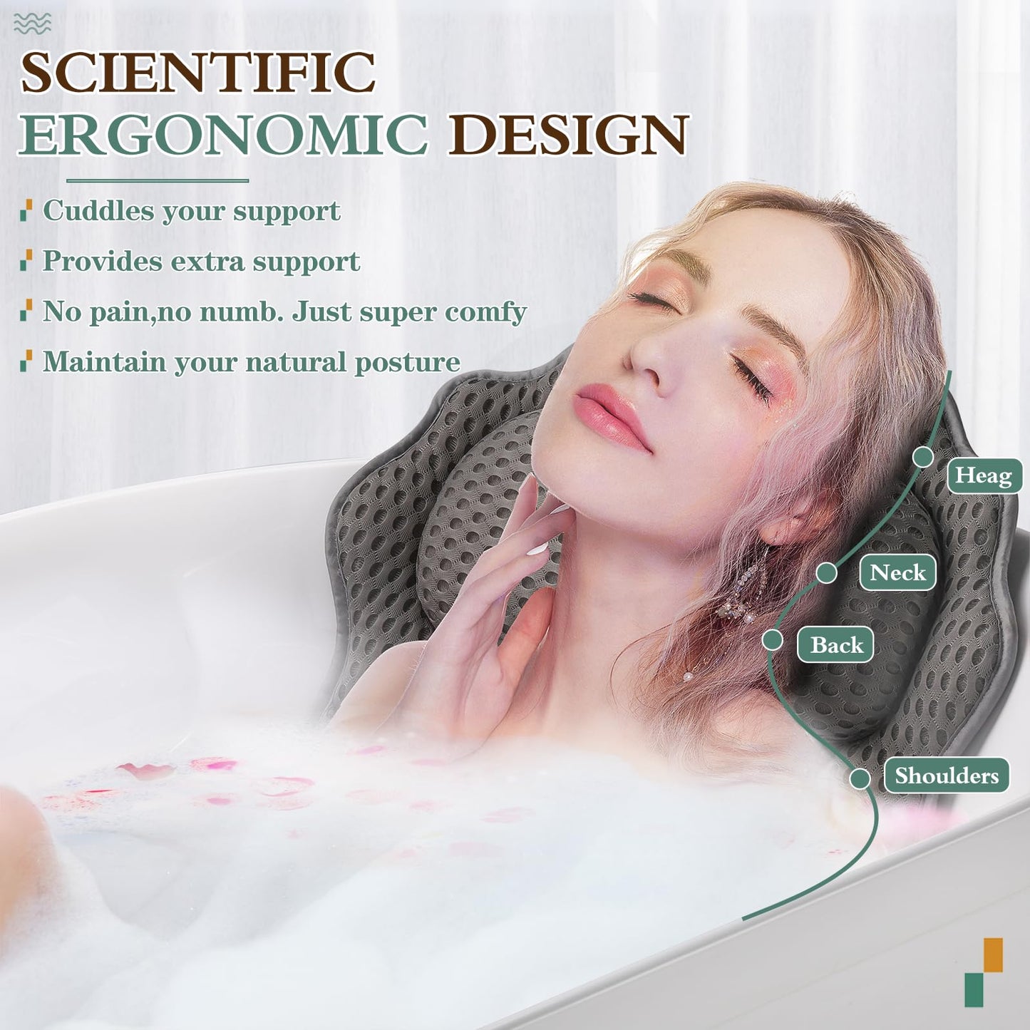 Bath Pillow RUVINCE Ergonomic Luxury Bathtub Pillow with Head,Neck, Shoulder and Back Support, 6D Bath Pillows for tub with 6 Powerful Suction Cups, Fits All Bathtub