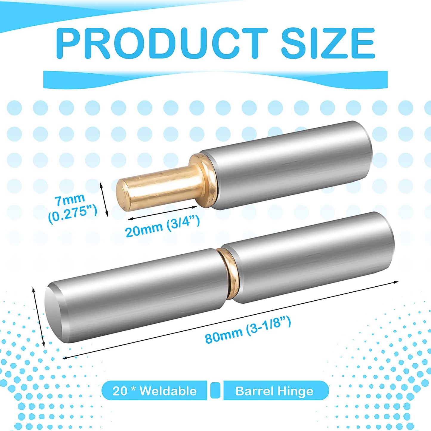 20 Pack Weldable Barrel Hinges, 3-1/8" x 1/2" Weld On Bullet Gate Hinges, Heavy Duty Carbon Steel Hinge, Ball Bearing Detachable Hinge for Gate,Trailer, Ramp, Door, Windows