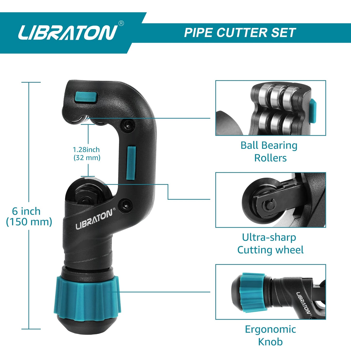 Libraton Pipe Cutter, Tubing Cutter, Copper Pipe Cutter, 5/32” to 1-1/4” Outer Diameter, Tube Cutter with Deburring Tool, Copper Cutter, Pipe Cutter Tool for Copper, and Thin Stainless Steel Tube