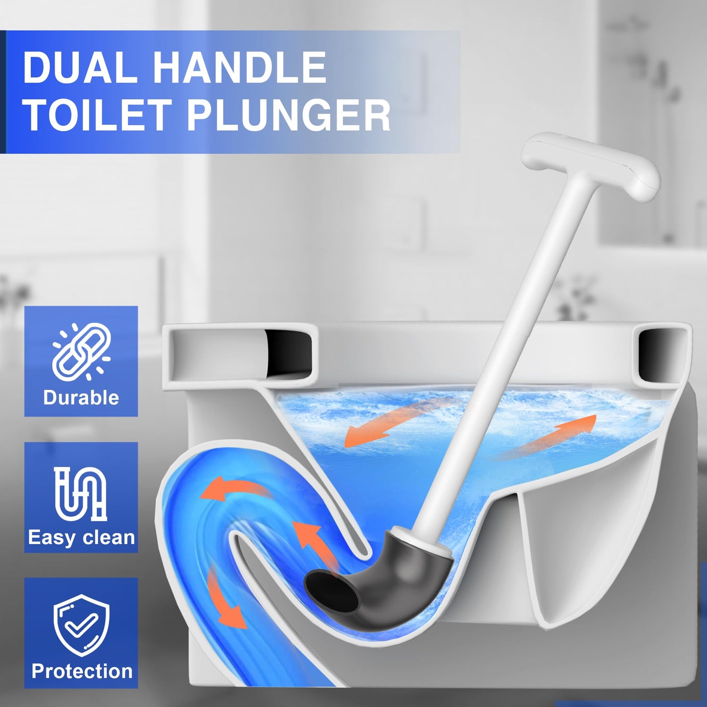 Upgraded Toilet Plunger with Holder, Wall Mounted Toilet Bowl Plunger with Hideaway Caddy, Dual Handle Plunger for Bathroom Built-in Drip Tray, RV Bathroom Accessories