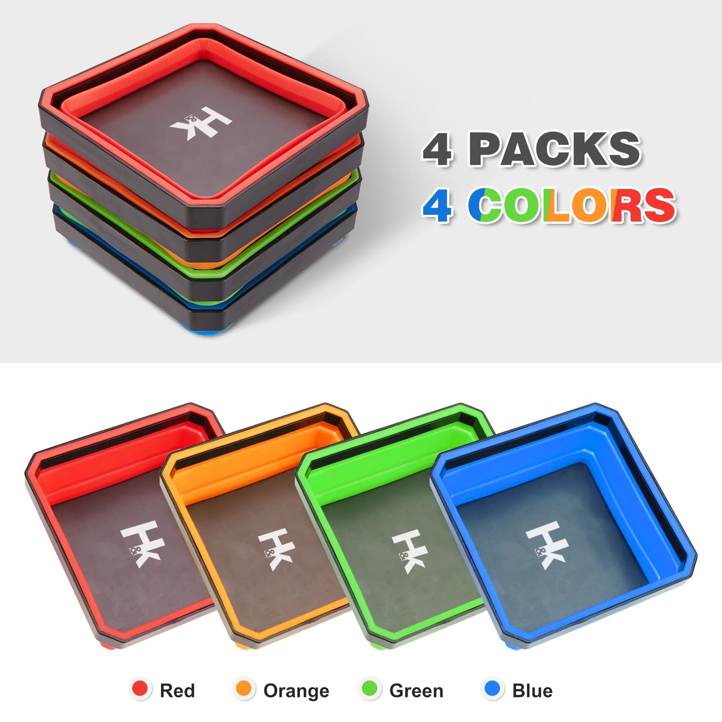 Collapsible Magnetic Trays, 4 Pack Foldable Silicone Magnetic Tool Trays for Small Metal Parts, Bolts, Screws, Nuts, Washers, with Telescoping Magnetic Pick-Up Tool, 4.5in Square