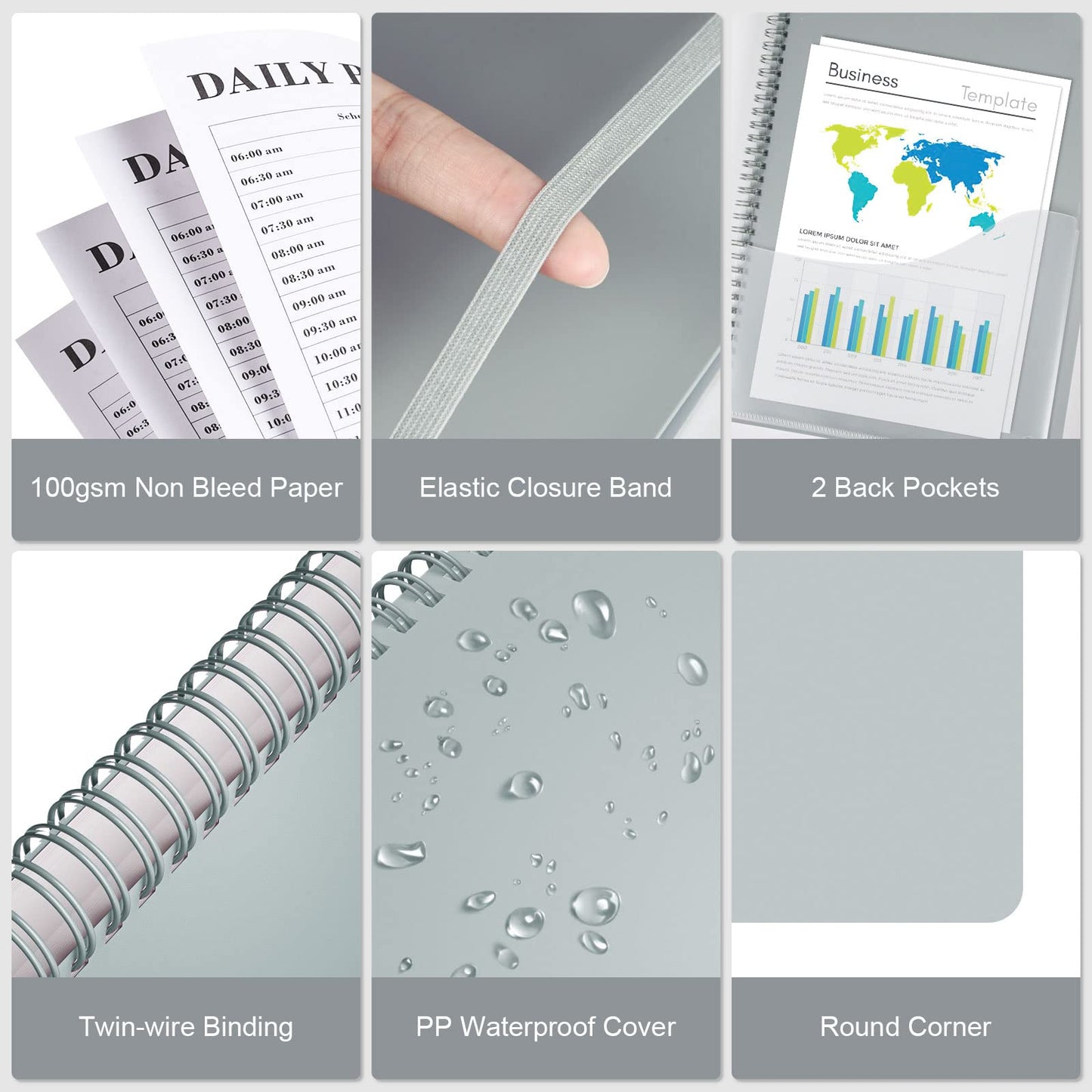 Planner Undated, Asten Daily Planner Agenda with to Do List, Hourly Schedules for Women and Men, Spiral Appointment Book with Elastic Closure, Inner Pocket 8.5" x 11" (Gray)