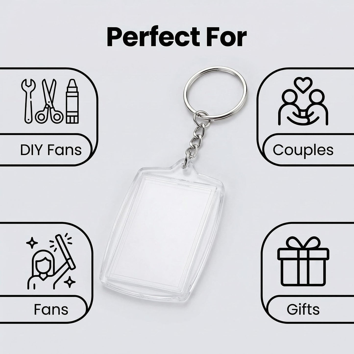Clear Blank Acrylic Keyrings - Wallet Friendly Picture Frame Key Ring Keychaine For Passport and Photo Insert Pack of 50