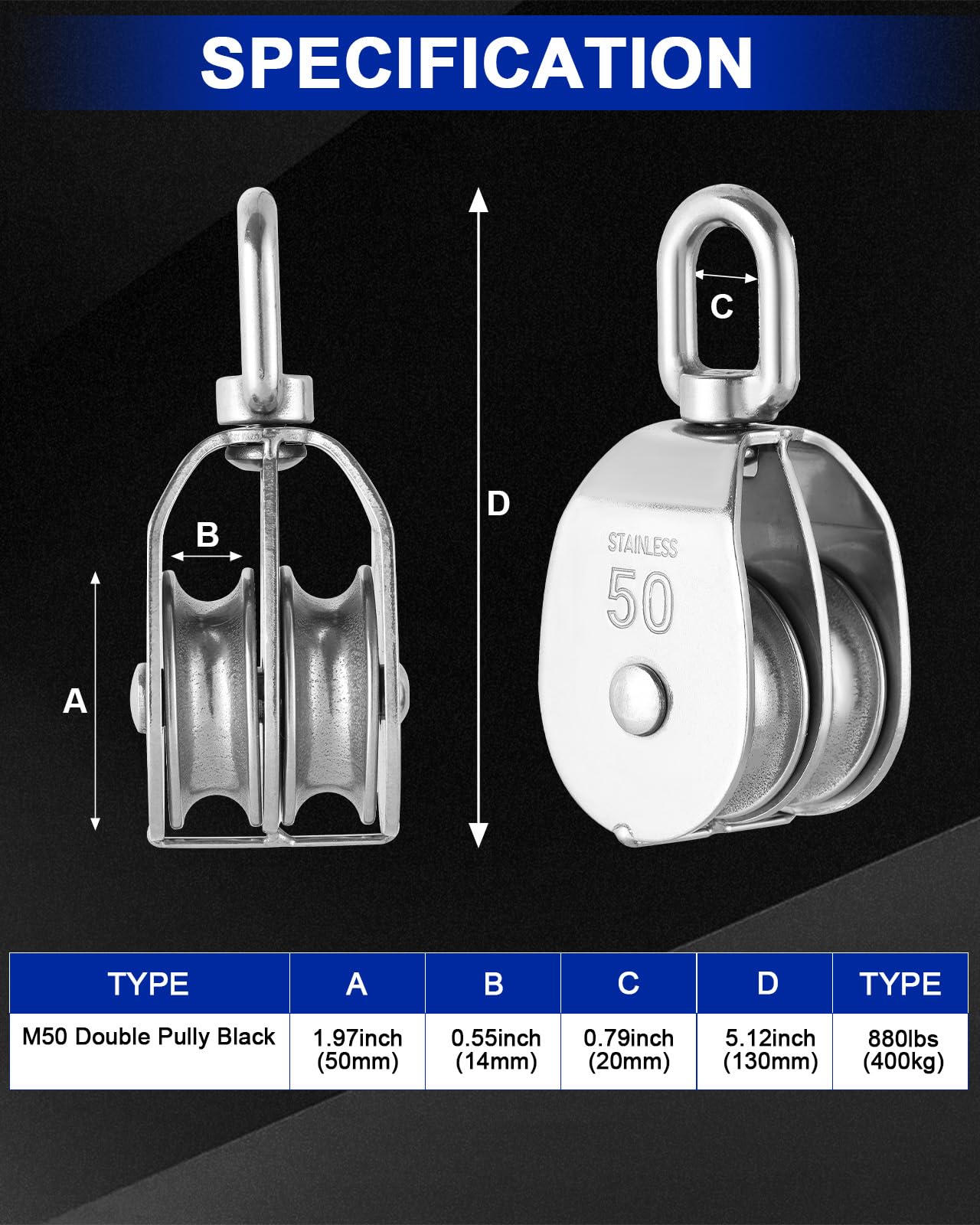 DASBET M50 Double Pulley Block Set - 304 Stainless Steel Pack of 2 | Heavy Duty Double Pulleys for Efficient Lifting | Ideal for Hanging Wire and Crane Operations with Swivel Hook Design