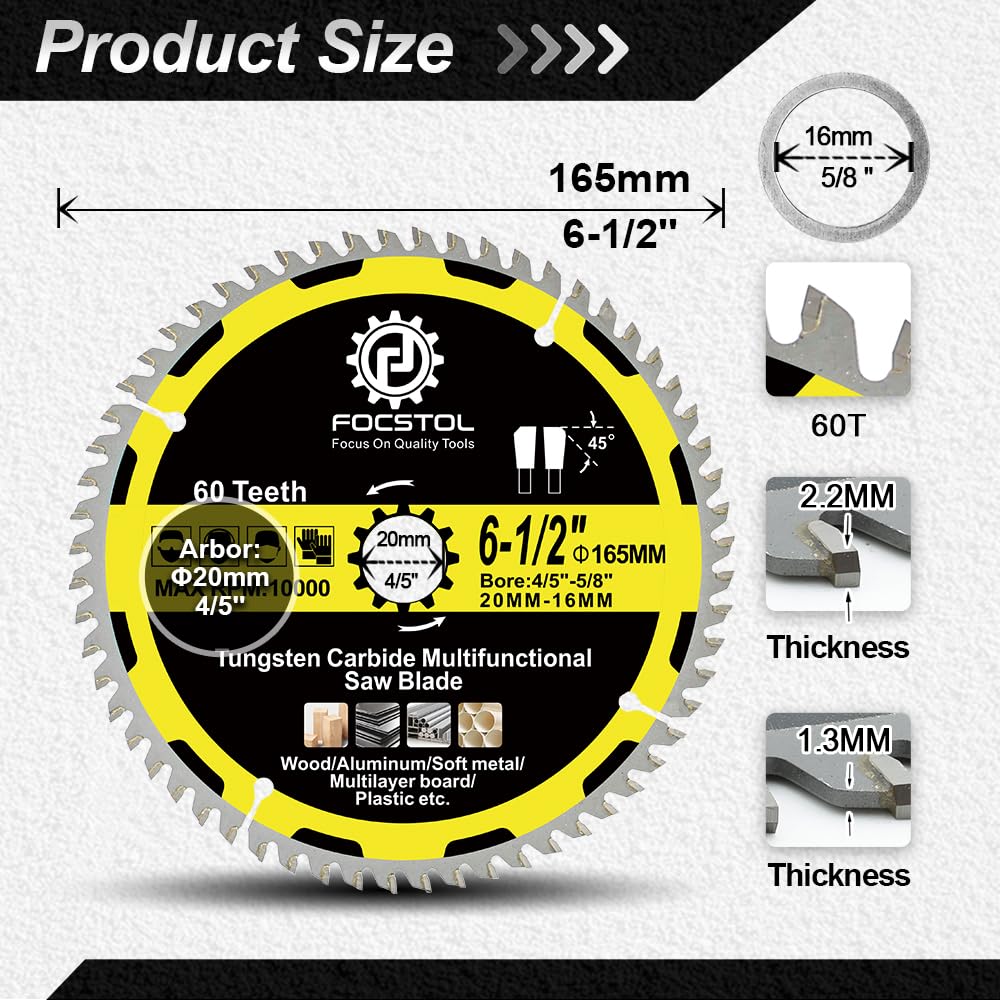 6-1/2 Inch Wood Cutting Circular Saw Blade - FOCSTOL 60 Tooth TCT Cutting Blade with 4/5 Inch Arbor for Wood Plastic Aluminum Copper