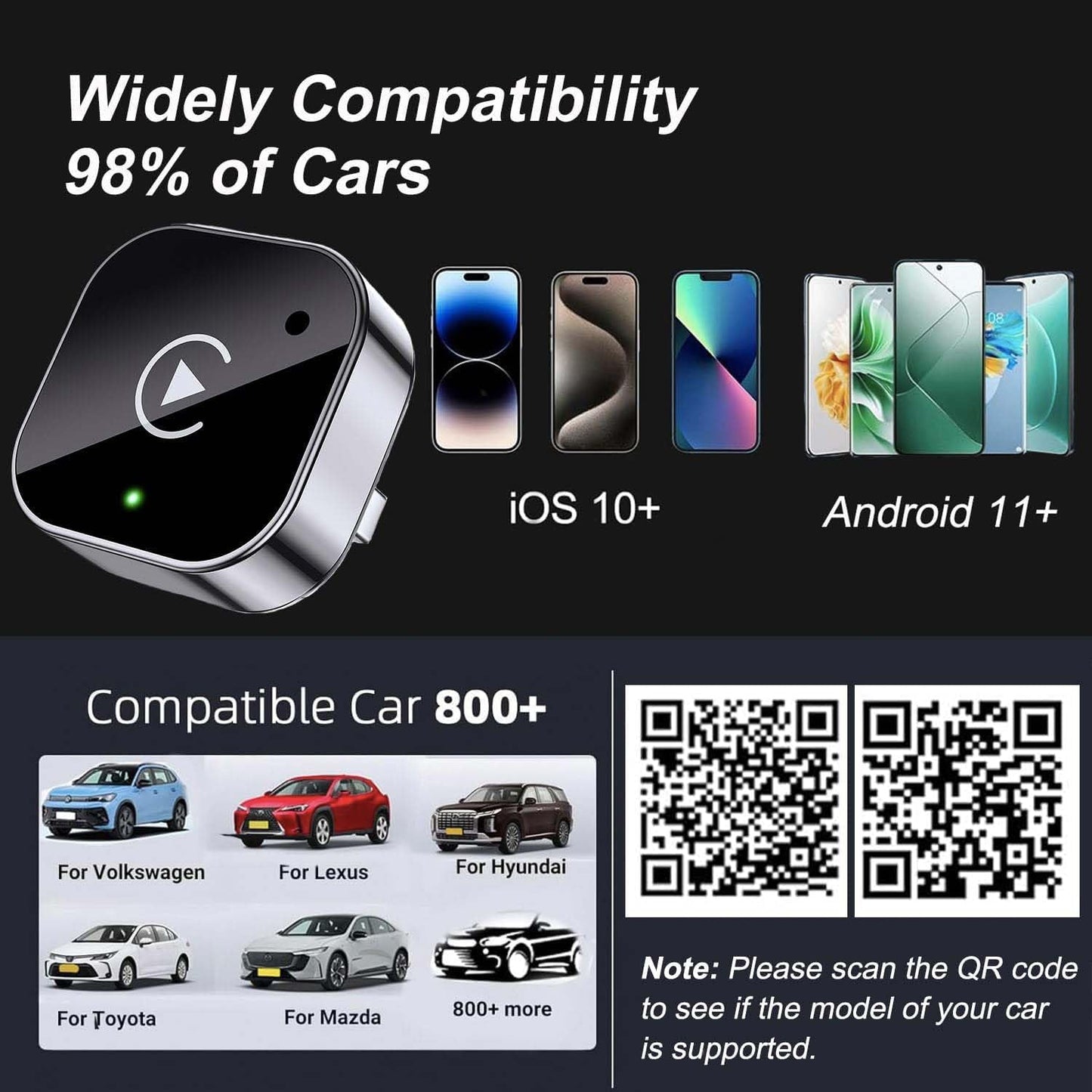 Wireless CarPlay Adapter for iPhone, 2026 Upgraded 2 in 1 Android Auto Wired Wireless Adapter, CarPlay to Device Mini T-Shaped for Car USB//Type-C Plug and Play, Fast & Stable