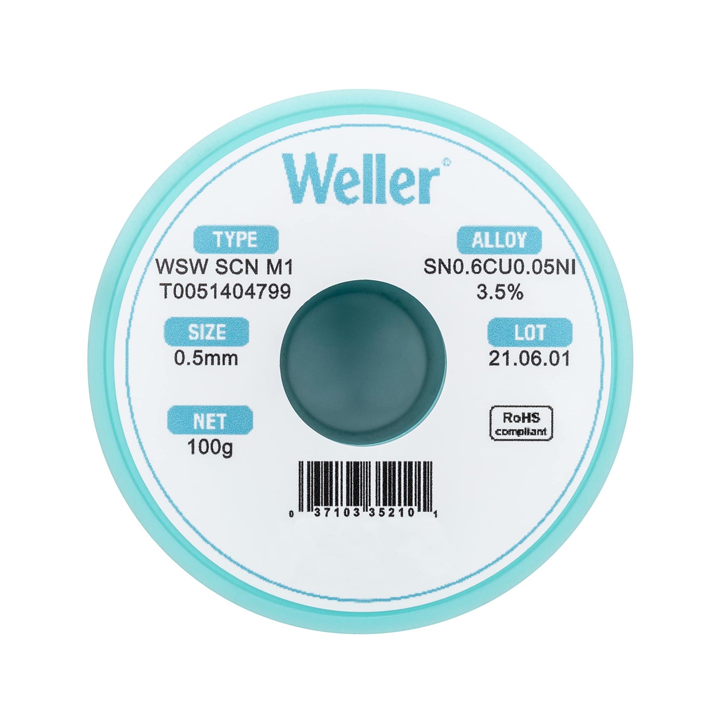 Weller WSW SCN M1 (T0051404799) Solder Wire, Dia: 0.5 mm / 0.020 in, Wt: 100 g / 3.527 oz, Alloy Sn99.3Cu0.6Ni0.05, Flux Content 3.5%