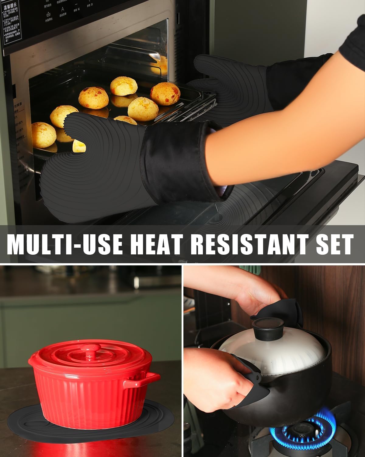 Tayfeim Silicone Oven Mitts 5pcs, Upgraded Pot Holders Set Heat Resistant 500F, Waterproof, Cotton Lined Oven Gloves BPA-Free, Oven Mits Set for Cooking Baking Kitchen Mittens Black