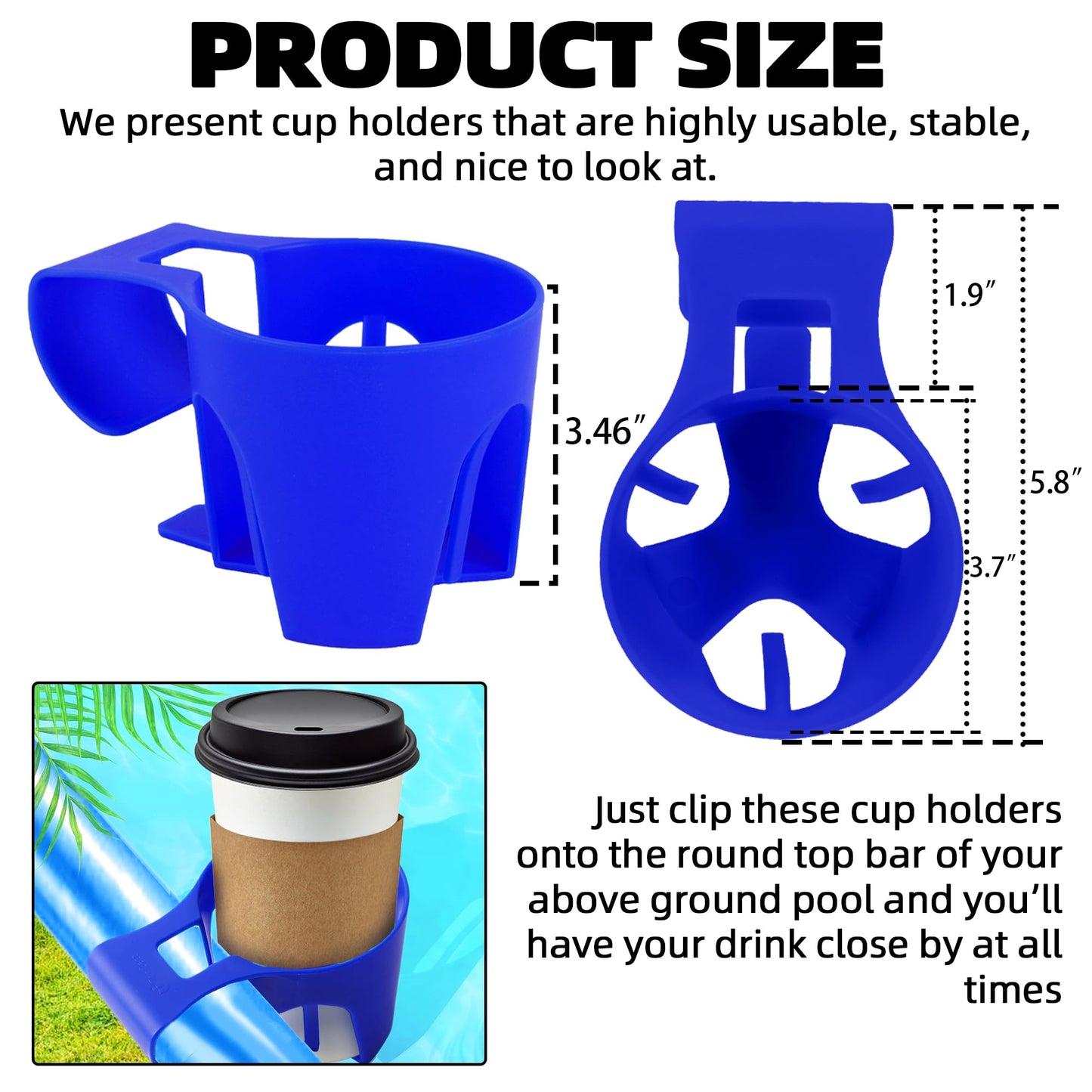 (6-Pack) Poolside Cup Holders for Above Ground Pools (Blue) - Compatible with Above Ground Pools with 2 Inches or Thinner Round Top Bars - Strong and Durable Easy to Use Clip-On No-Spill Cup Holders