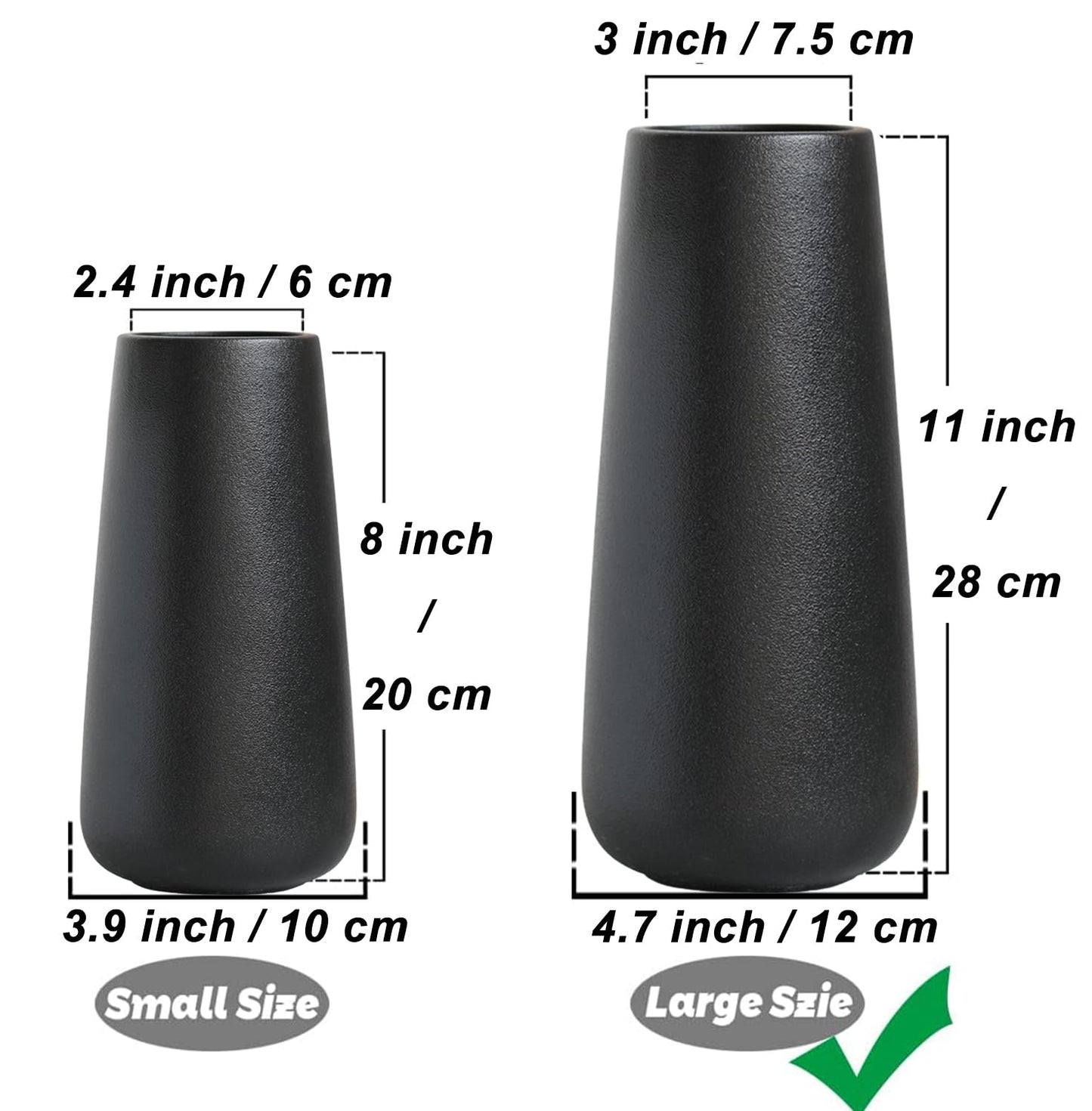11 Inch Tall Matt Black Ceramic Vases for Flowers & Pampas Grass, Classic Rustic Style Decorative Vase for Home Decor Table Centerpieces
