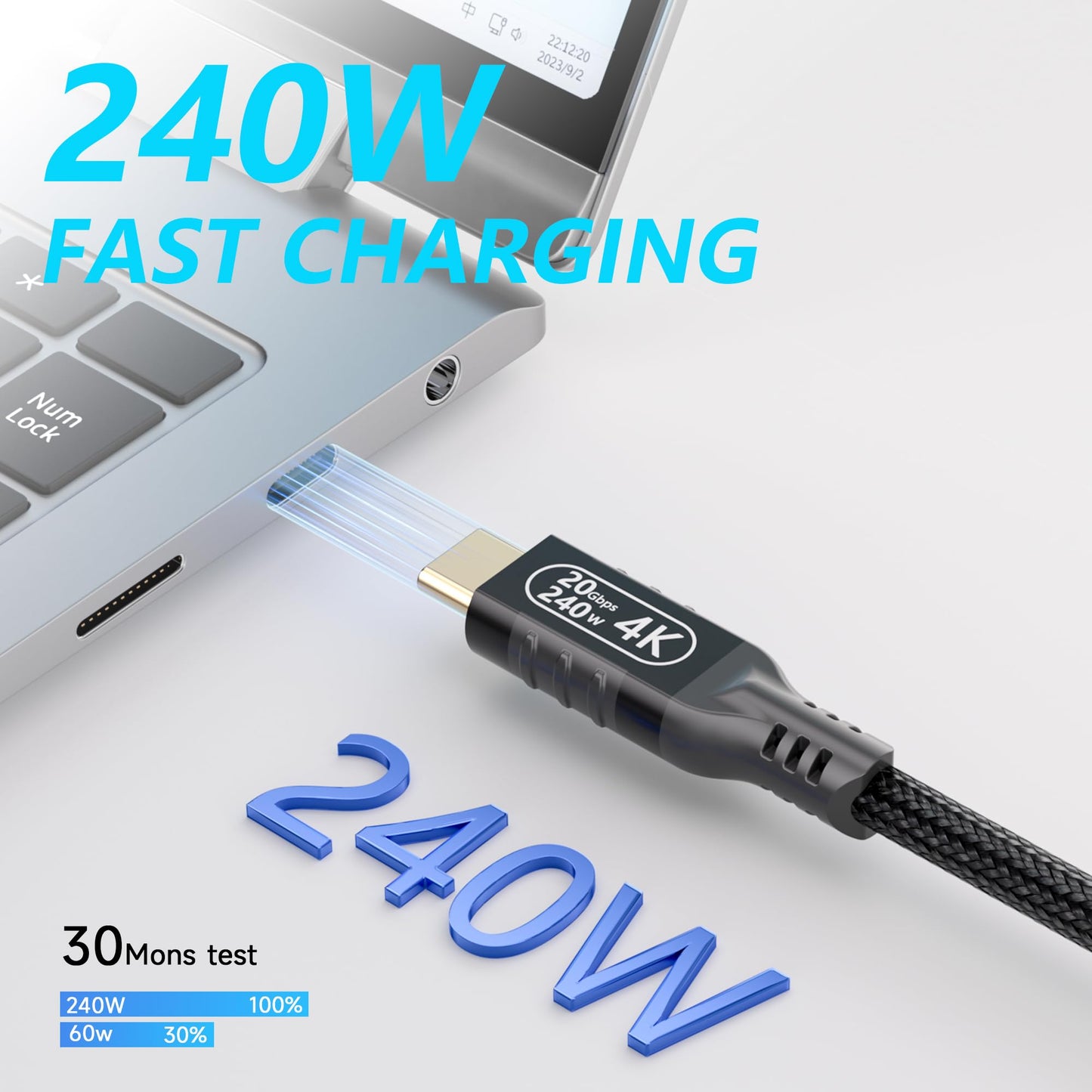 KMMXXCPM USB-C Extender 10ft, USB-C Male to Female, Long Monitor Cable, 4K Video Cable, USB 3.2 20GBPS, 240W PD Fast Charging, Compatible with Thunderbolt 3, Laptop, Monitor, Tablet, Smartphone