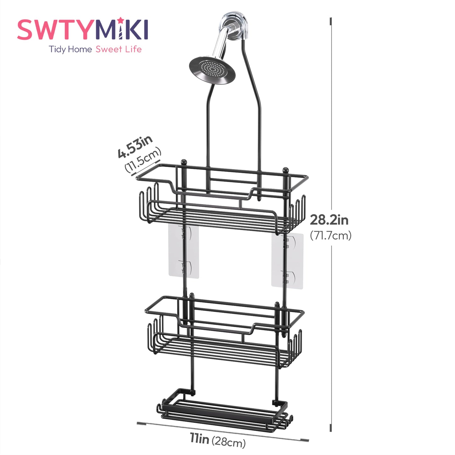 SWTYMIKI Shower Caddy Hanging - Extended Length 3 Tier Rustproof Shower Organizer Hanging, No Drilling Shower Shelves with 16 Hooks & Soap Holder, Anti-Swing Rack, Black