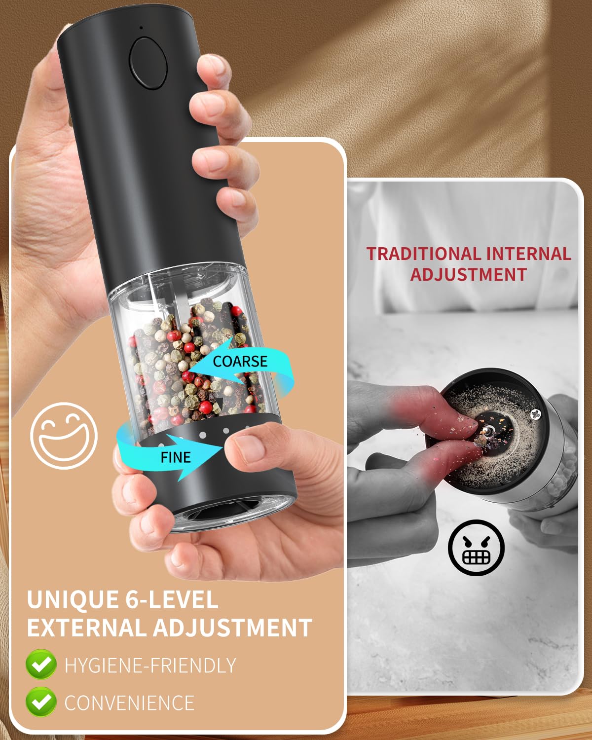 CIRCLE JOY Electric Black Pepper Grinder Rechargeable Pepper Mill Grinder with 6 Levels External Adjustable Coarseness, 95ml Large Capacity, White LED Light, USB Cable