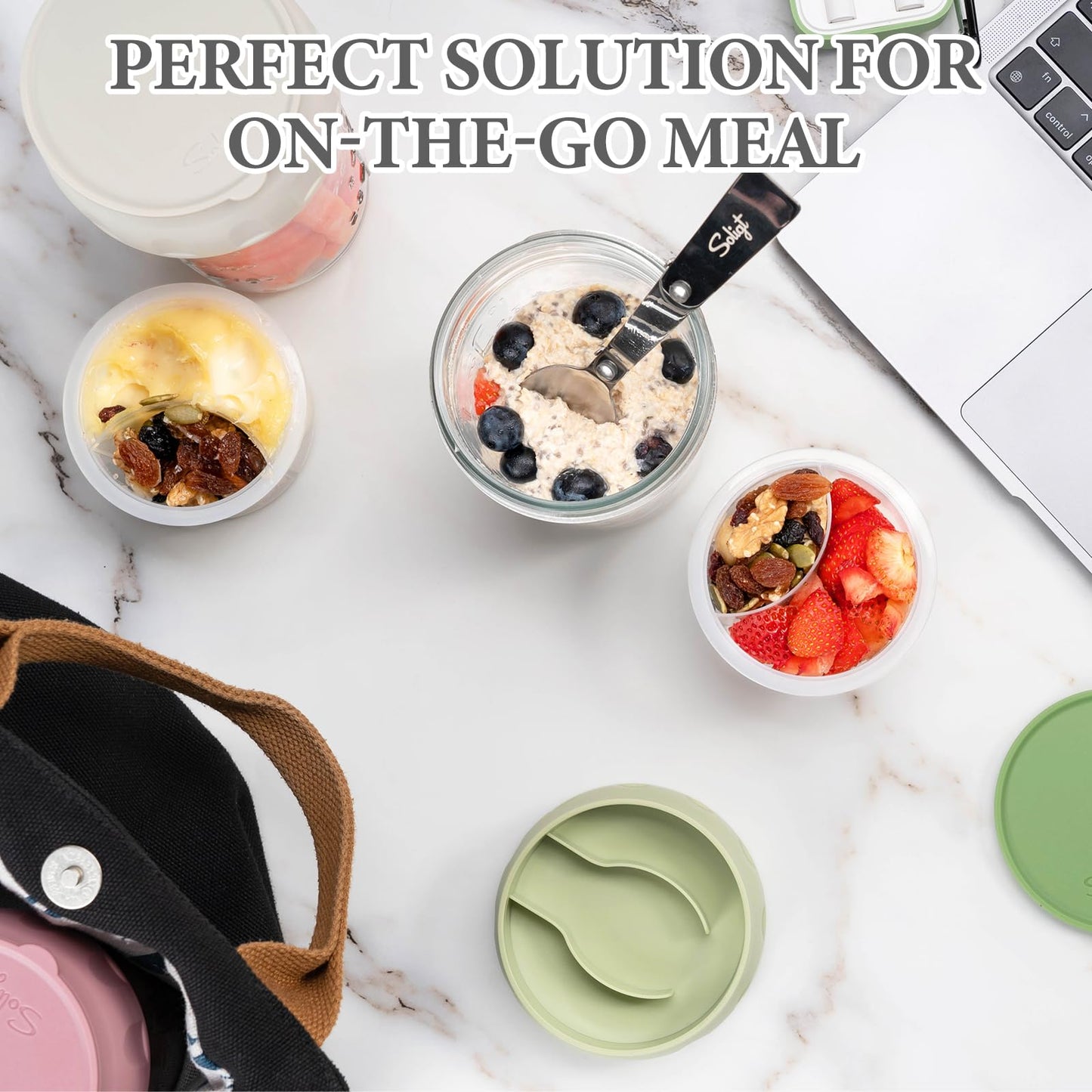 SOLIGT NOVIIML k Overnight Oats Containers with Lids, Folding Spoons and Divided Compartments for Fruit & Nuts, Small Glass 16oz Mason Jars for Oatmeal Yogurt Parfait (2 Set-Oat White/Oat White)