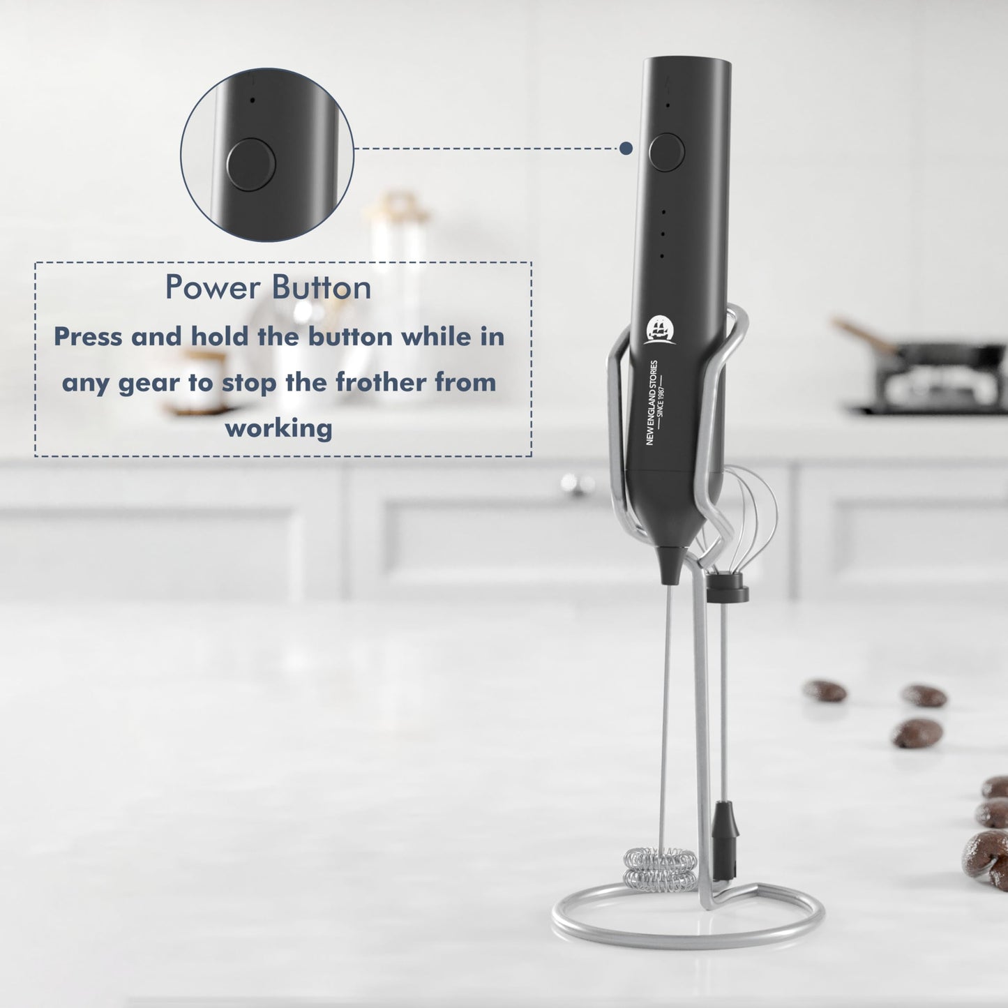 Rechargeable Milk Frother Wand with Stand, Foam Maker with Stainless Whisk, 3-Speeds Electric Handheld Drink Mixer for Coffee, Cappuccino, Latte, Matcha, Hot Chocolate (Black)