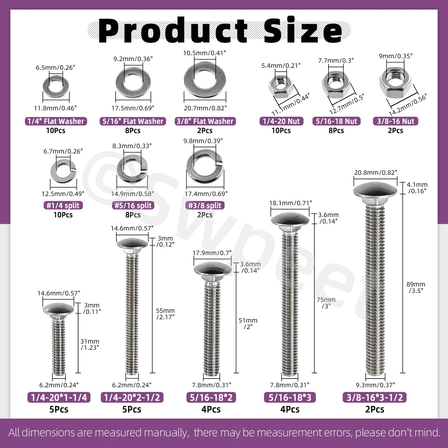 Swpeet 80Pcs 5 Sizes 1/4", 5/16", 3/8", Carriage Bolts Screws Nut Washer Assortment Kit, 304 Stainless Steel Round Head Square Neck Screws, Full Thread Carriage Bolts, Hex Nuts, Flat/Lock Washers