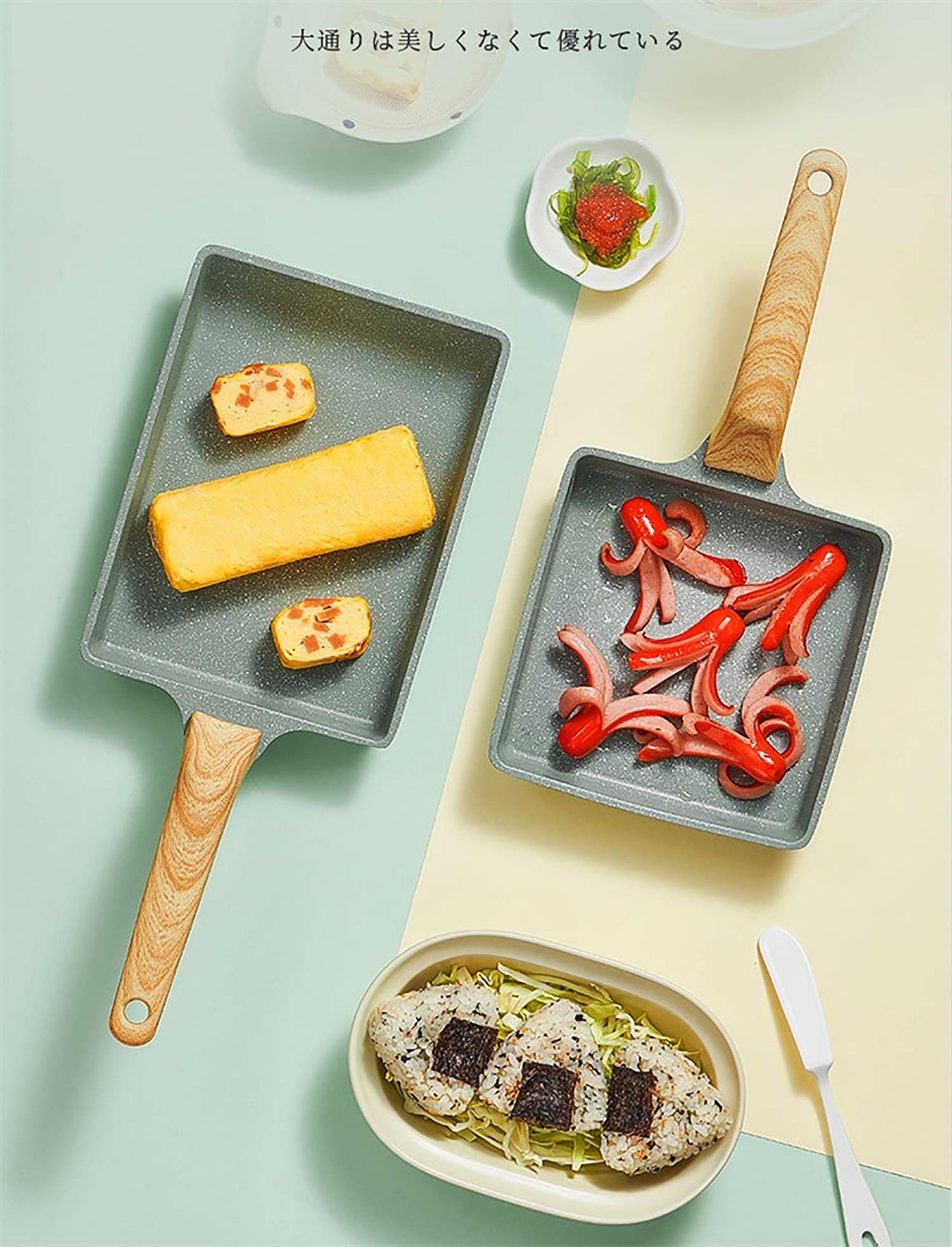 (Tamagoyaki pan) - Japanese Omelette Pan Nonstick Tamagoyaki Egg Pan/Retangle Small Frying Pan/with Silicone Spatula & Brush/Non-Stick Coating (PFOA Free)