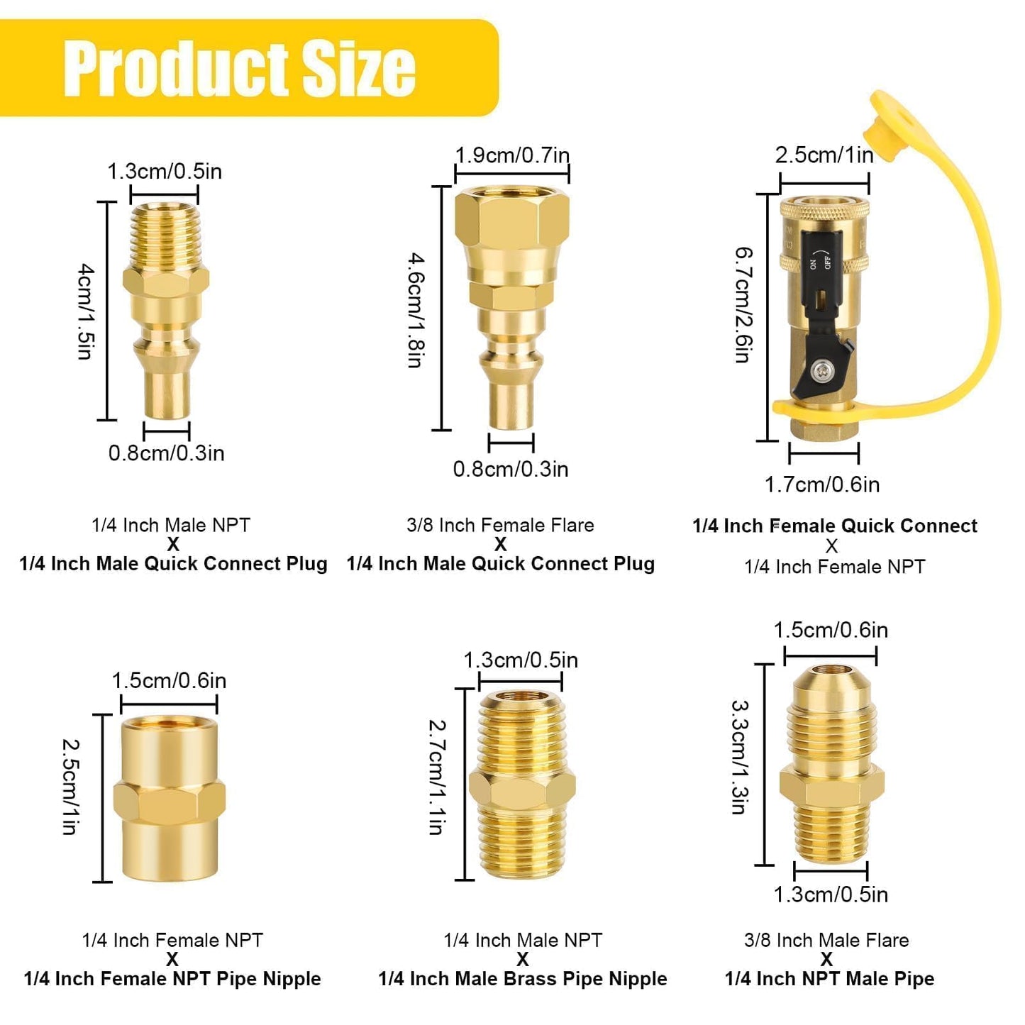 EEEKit 1/4" RV Propane Quick Connect Fittings, Brass 1/4" Natural Gas Quick Connect Disconnect Kit with 3/8" Male Female Flare, 1/4" Male Female NPT, Gas Grill Quick Connector Adapter for Camping BBQ