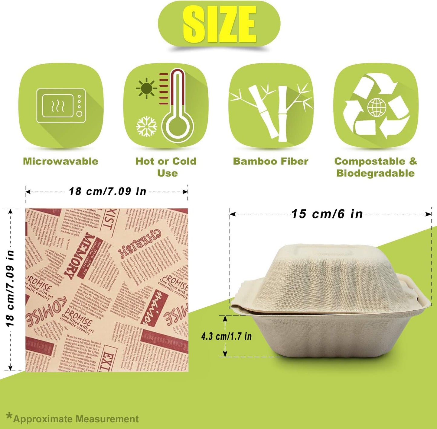 Clamshell Take Out Food Containers with Oil Paper, 6x6" 50-Pack Heavy-Duty Quality to go Containers, Natural Disposable Bagasse, Eco-Friendly Biodegradable Made of Sugar Cane Fibers