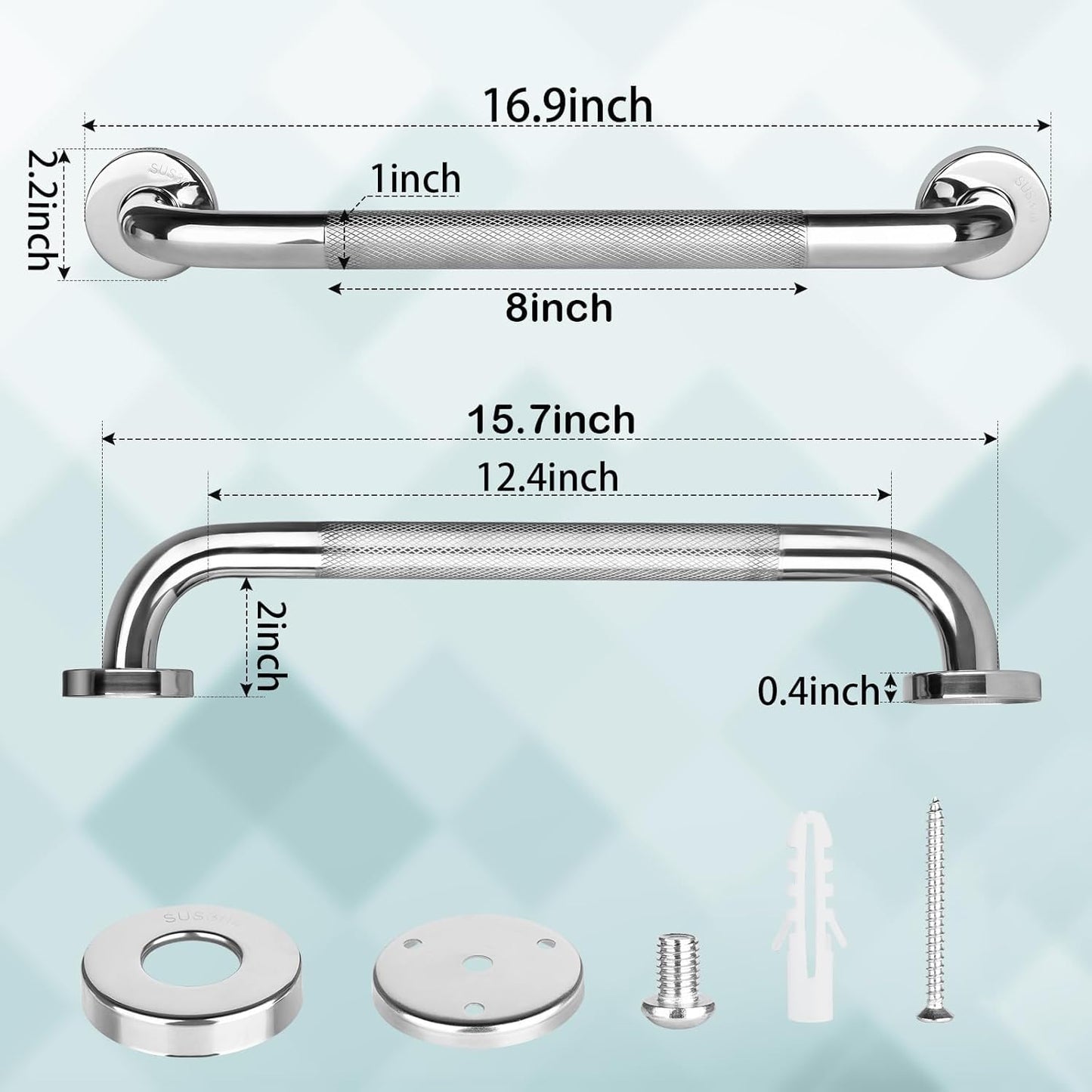 2 PCS Shower Grab Bar, 16 Inch Anti-Slip Bathroom Grab Bars Shower Handle, Chrome SUS 304 Stainless Steel Bath Safety Rail Support for Elderly, Injury, Pregnant