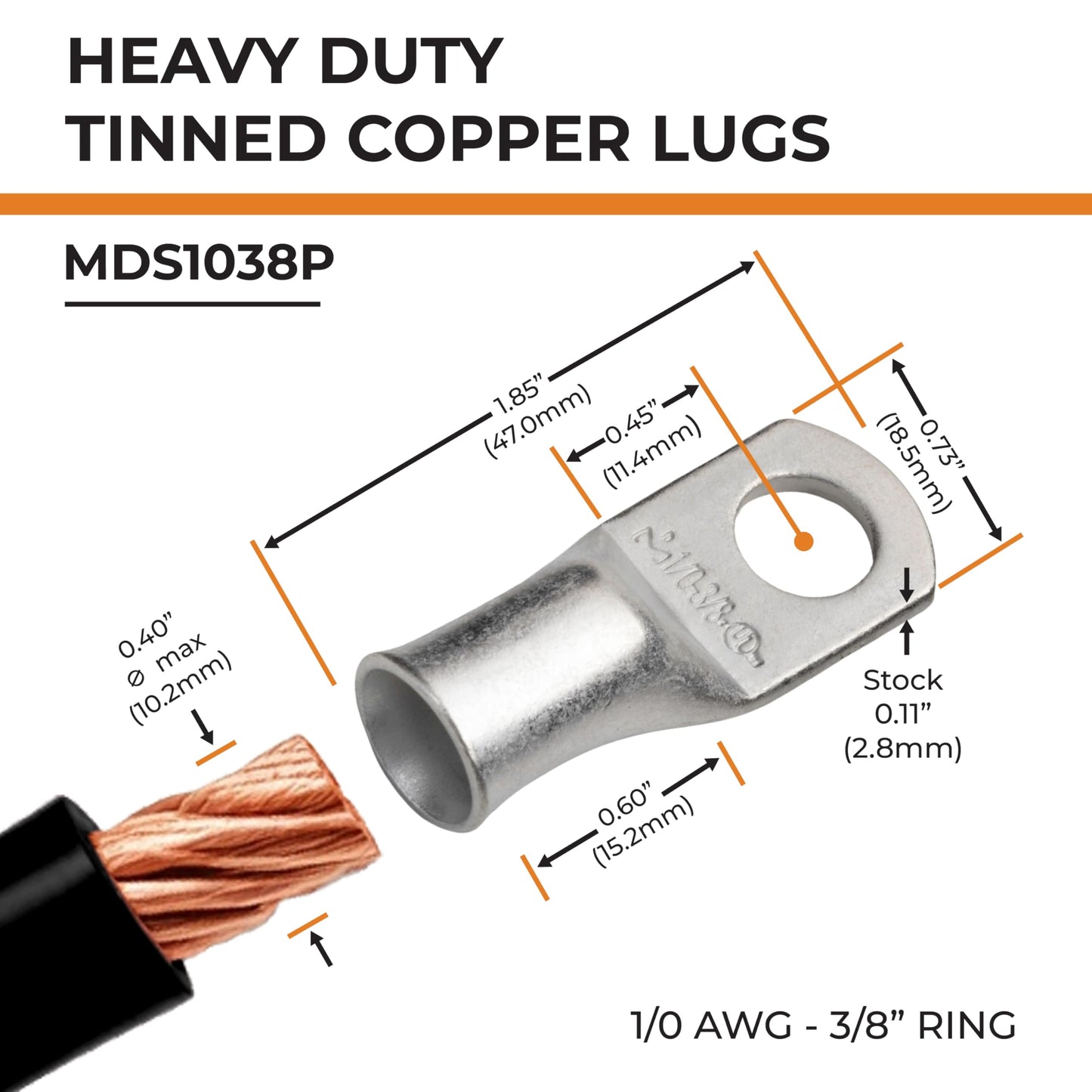 SELTERM 15pcs 1/0 AWG 3/8" Stud UL Marine Grade Battery Terminal Connectors Tinned Copper Battery Cable Lugs 0 Gauge Wire Connectors Electrical Battery Cable Ends Ring Terminals Tinned Copper Lugs