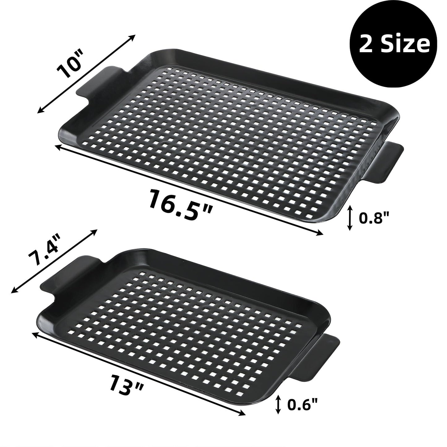 Covzoe 2 Pack Grill Topper Pans, Nonstick Barbecue Grilling Baskets with Perforated Bottom, Heavy Duty Carbon Steel Grilling Tray for Outdoor Cooking and Camping, Black
