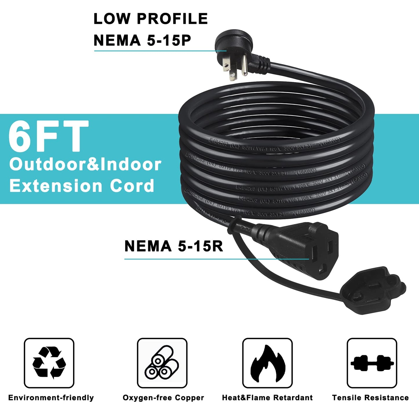 Outdoor Extension Cord, 2-Pack, 1.8 m Black Power Cable, 16 Gauge SJTW, 3-Prong Flat Plug,Weatherproof (6FT 2PACK)