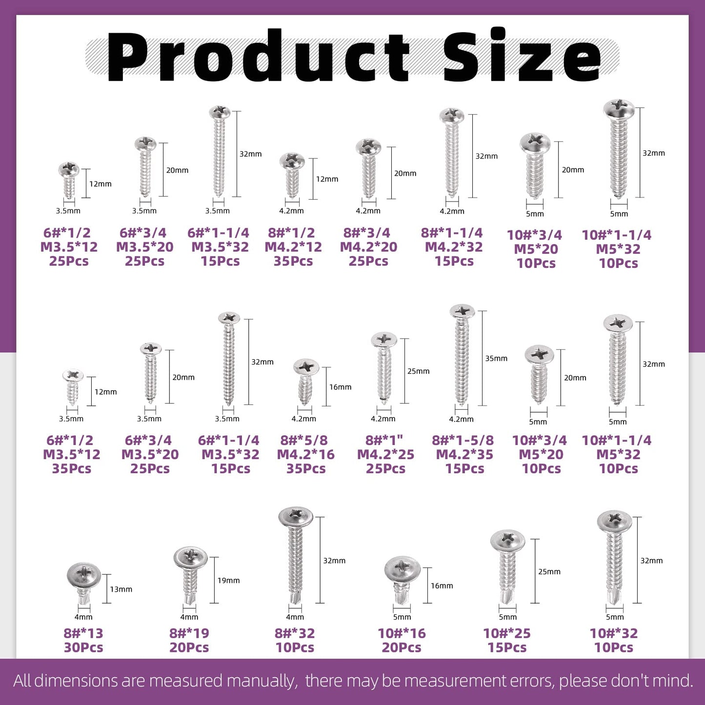Swpeet 435Pcs 3 Types #6#8#10 SAE 304 Stainless Steel Round Pan Head and Phillips Flat Head Self Tapping Sheet Metal Screws Wood Screws with 410 Stainless Steel Truss Head Fast Self